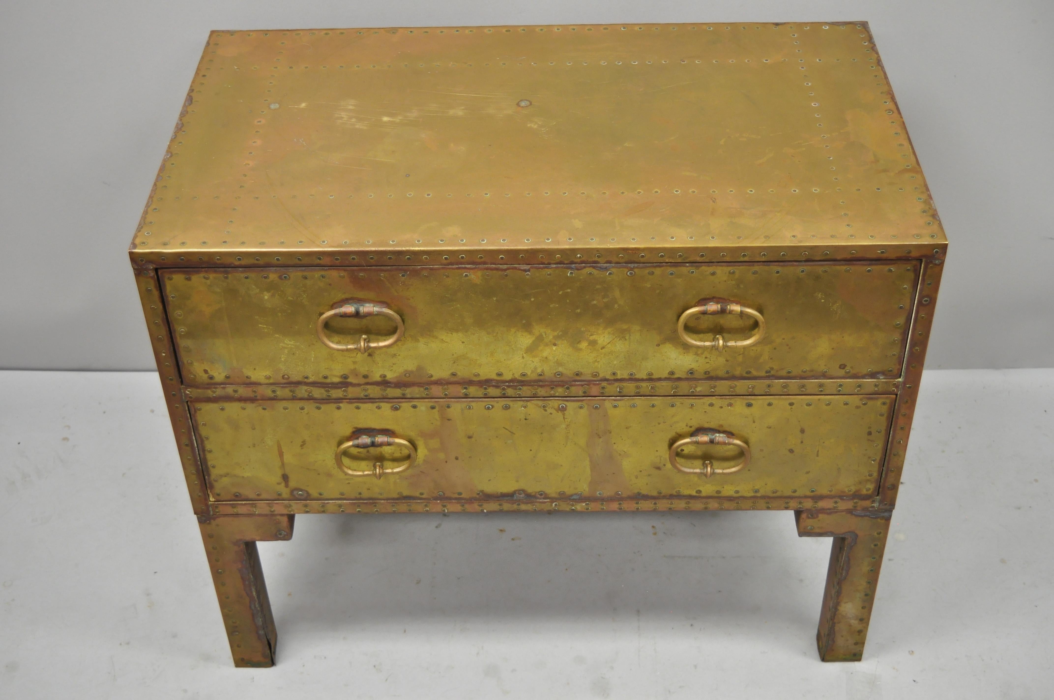 Vintage Sarreid Brass Studded English Campaign Style Two-Drawer Commode Chest 7