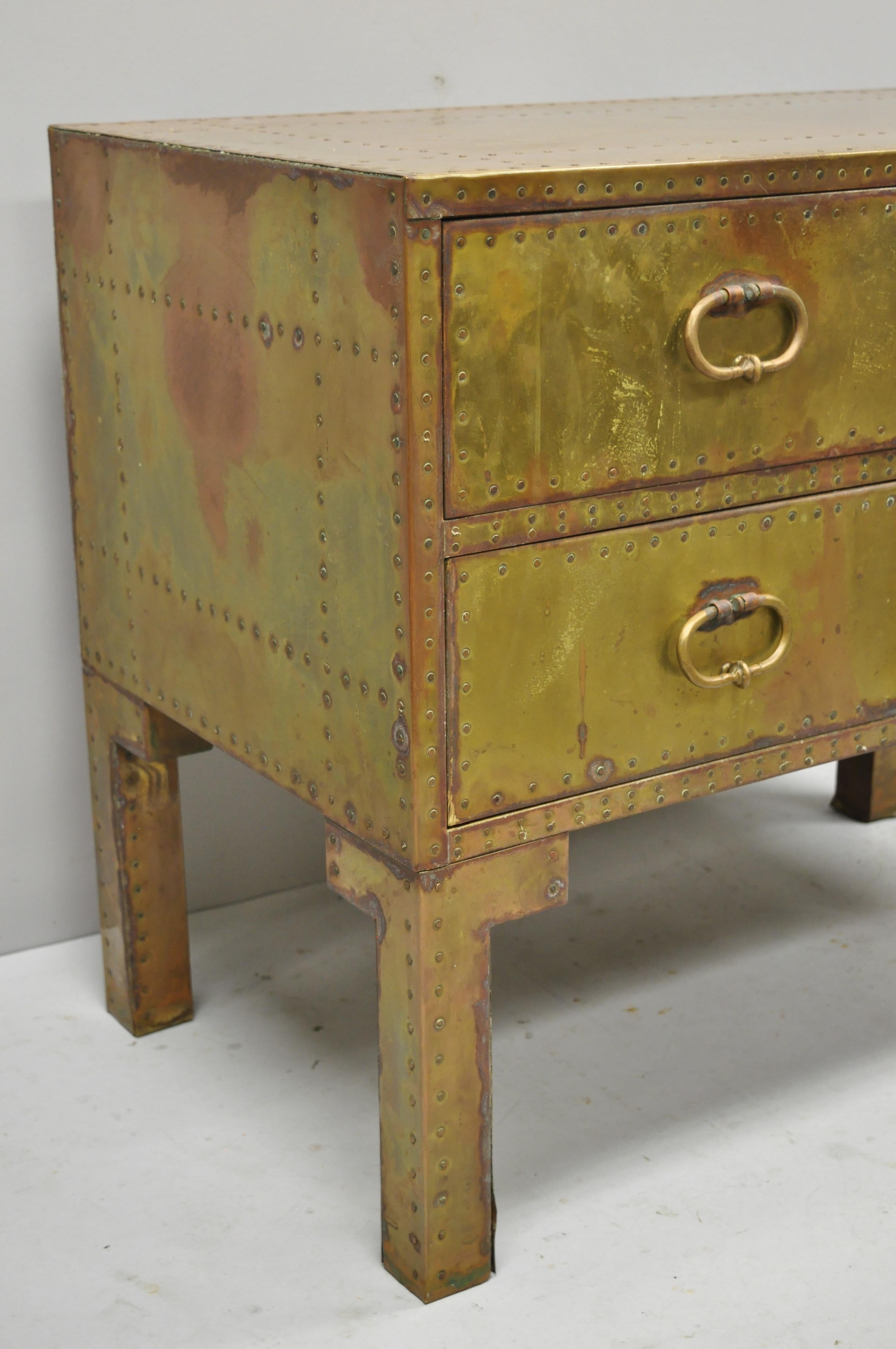 Spanish Vintage Sarreid Brass Studded English Campaign Style Two-Drawer Commode Chest