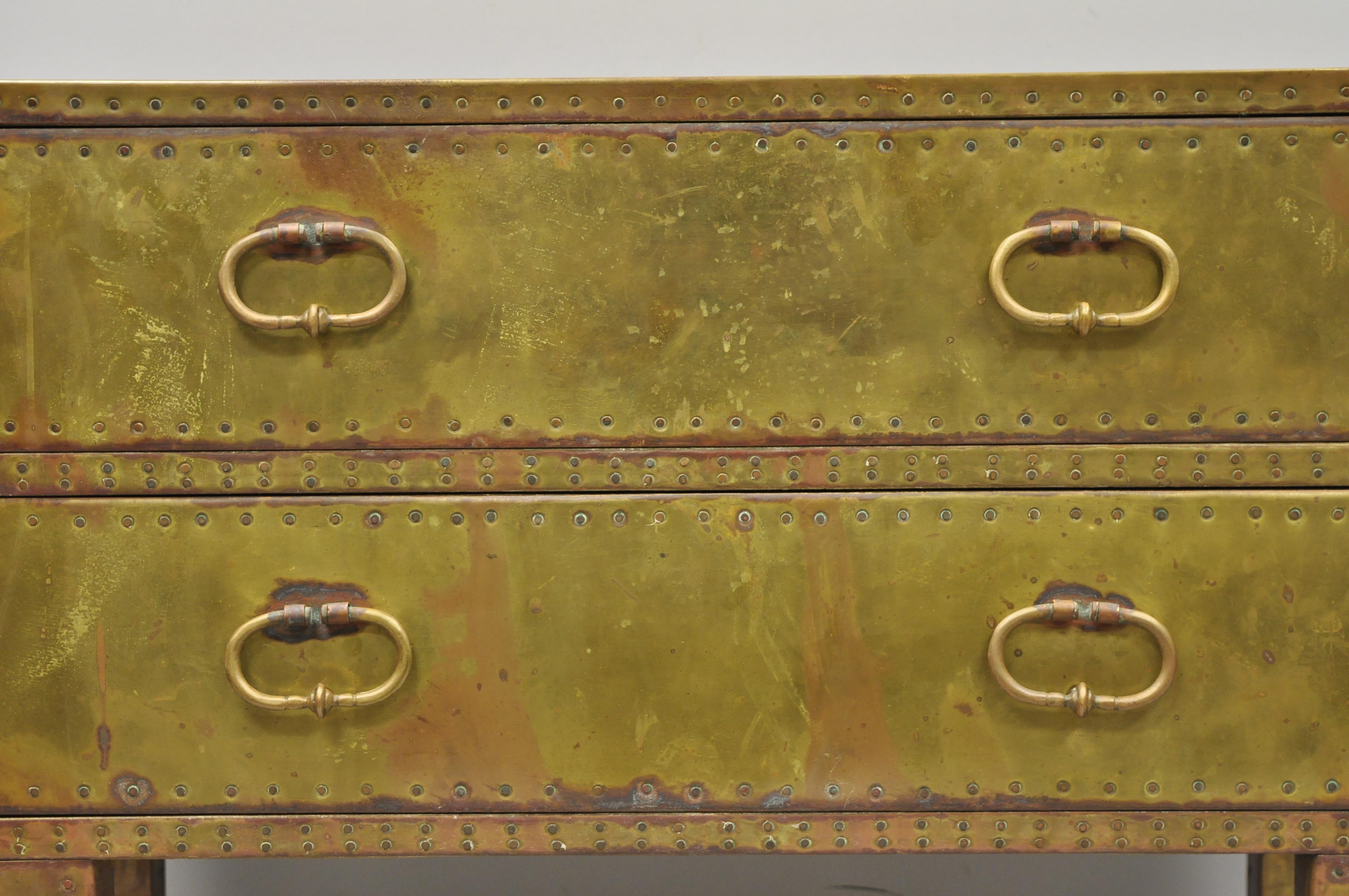 Vintage Sarreid Brass Studded English Campaign Style Two-Drawer Commode Chest In Good Condition In Philadelphia, PA