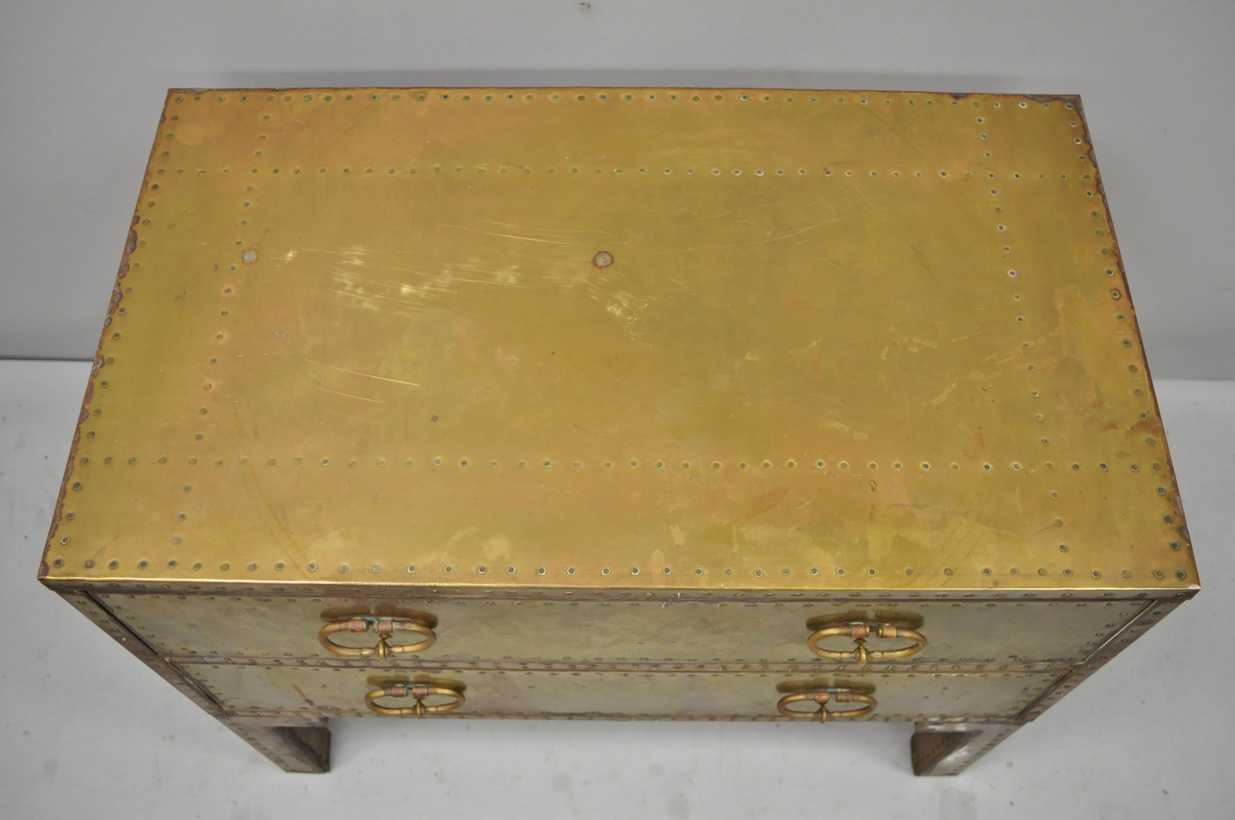 20th Century Vintage Sarreid Brass Studded English Campaign Style Two-Drawer Commode Chest