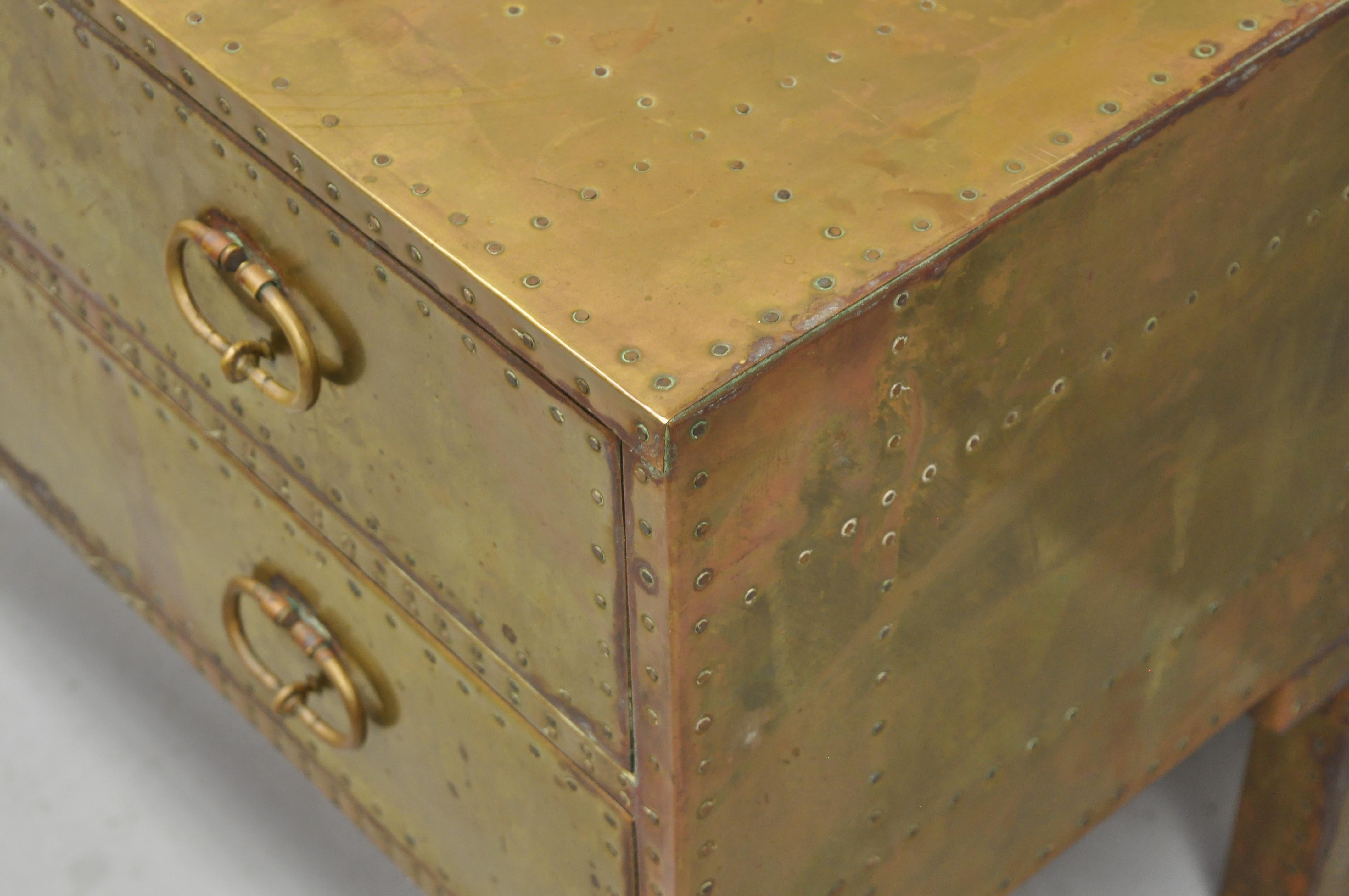 Vintage Sarreid Brass Studded English Campaign Style Two-Drawer Commode Chest 1