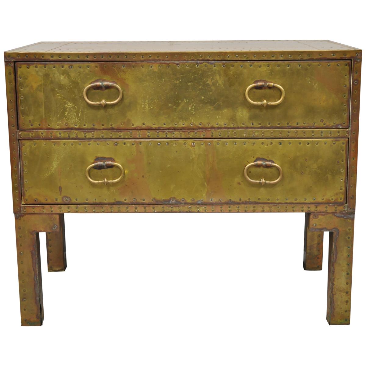 Vintage Sarreid Brass Studded English Campaign Style Two-Drawer Commode Chest