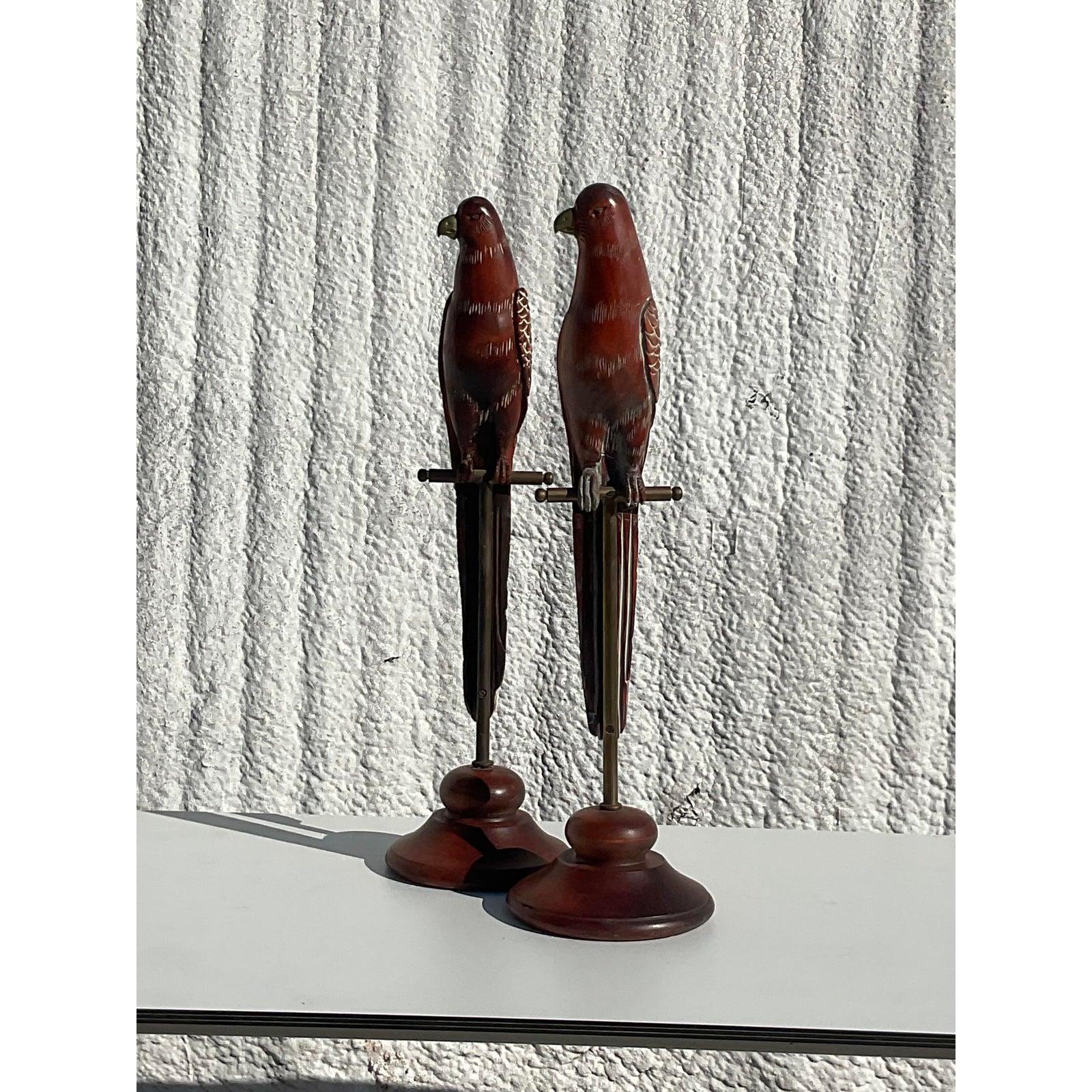 Vintage Sarreid Carved Limed Wood Parrots on Stand, a Pair In Good Condition In west palm beach, FL