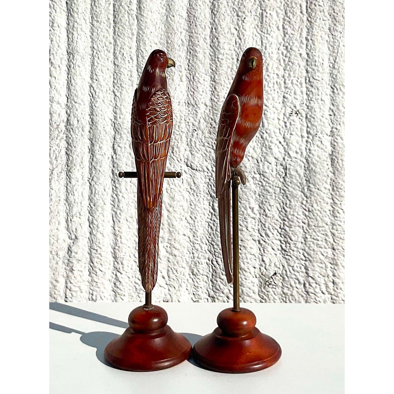 20th Century Vintage Sarreid Carved Limed Wood Parrots on Stand, a Pair