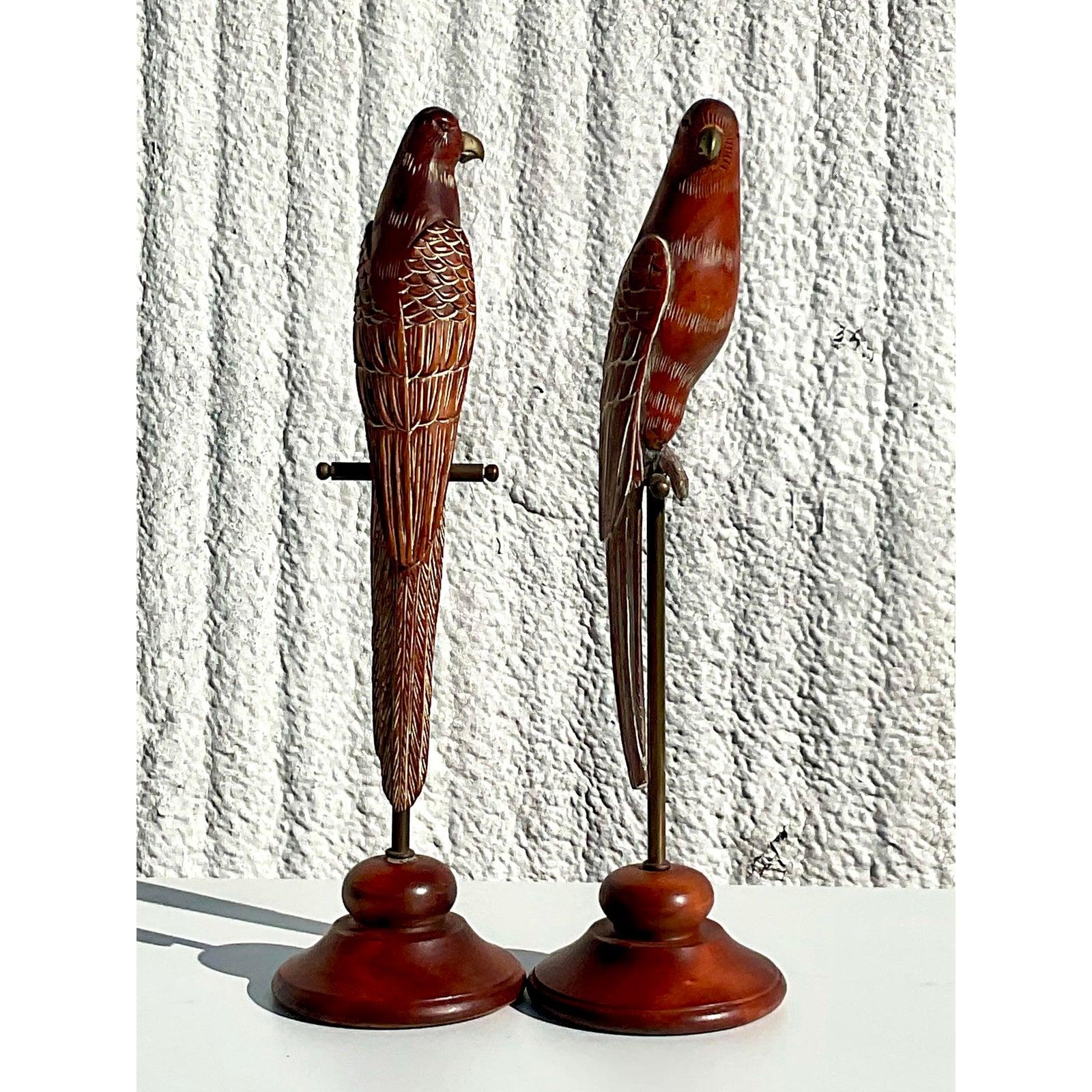 Vintage Sarreid Carved Limed Wood Parrots on Stand, a Pair 2