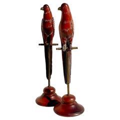 Vintage Sarreid Carved Limed Wood Parrots on Stand, a Pair
