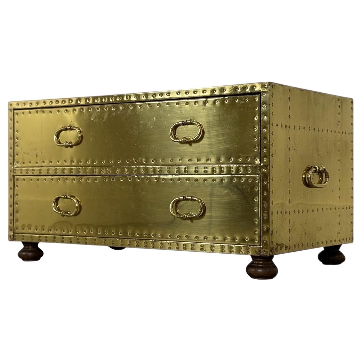 Vintage Sarreid Ltd Brass Chest - Spain circa 1970s - Two Drawer Brass Trunk For Sale