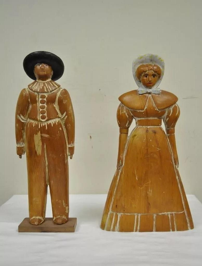 Vintage Sarreid Ltd Pine Wooden Folk Art Sculptures Man and Woman 22