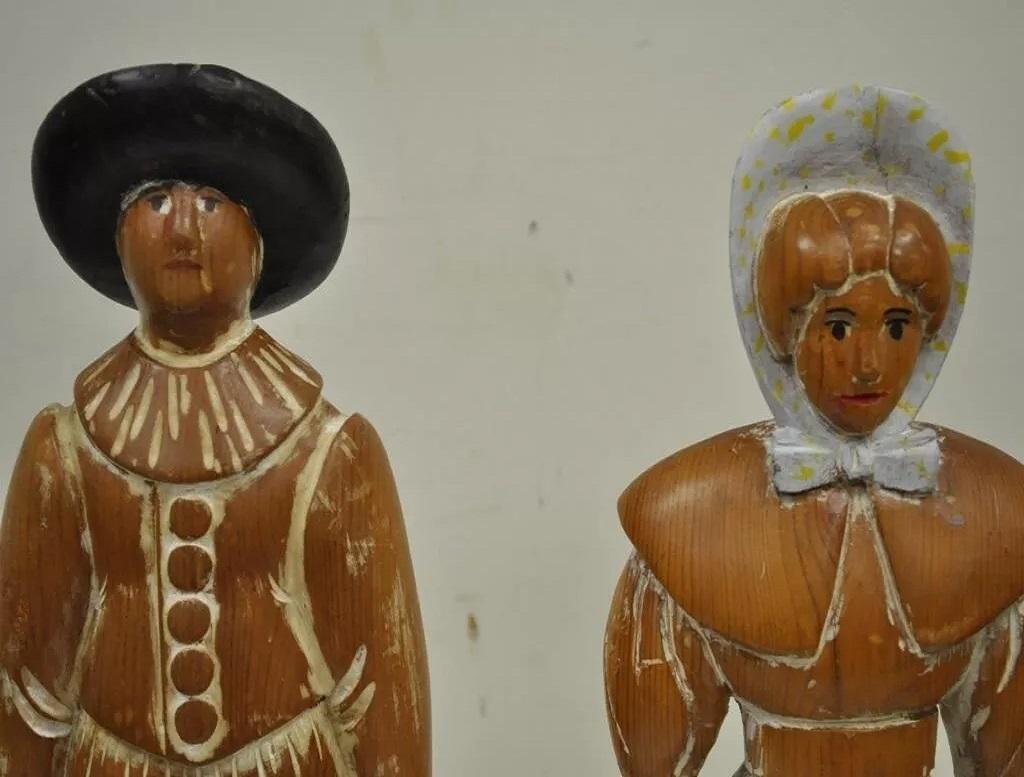 Primitive Vintage Sarreid Ltd Pine Wooden Folk Art Sculptures Man and Woman 22