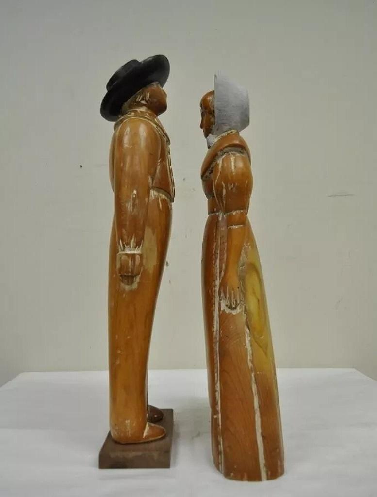 Unknown Vintage Sarreid Ltd Pine Wooden Folk Art Sculptures Man and Woman 22