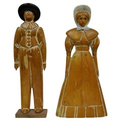 Used Sarreid Ltd Pine Wooden Folk Art Sculptures Man and Woman 22" Tall Pair