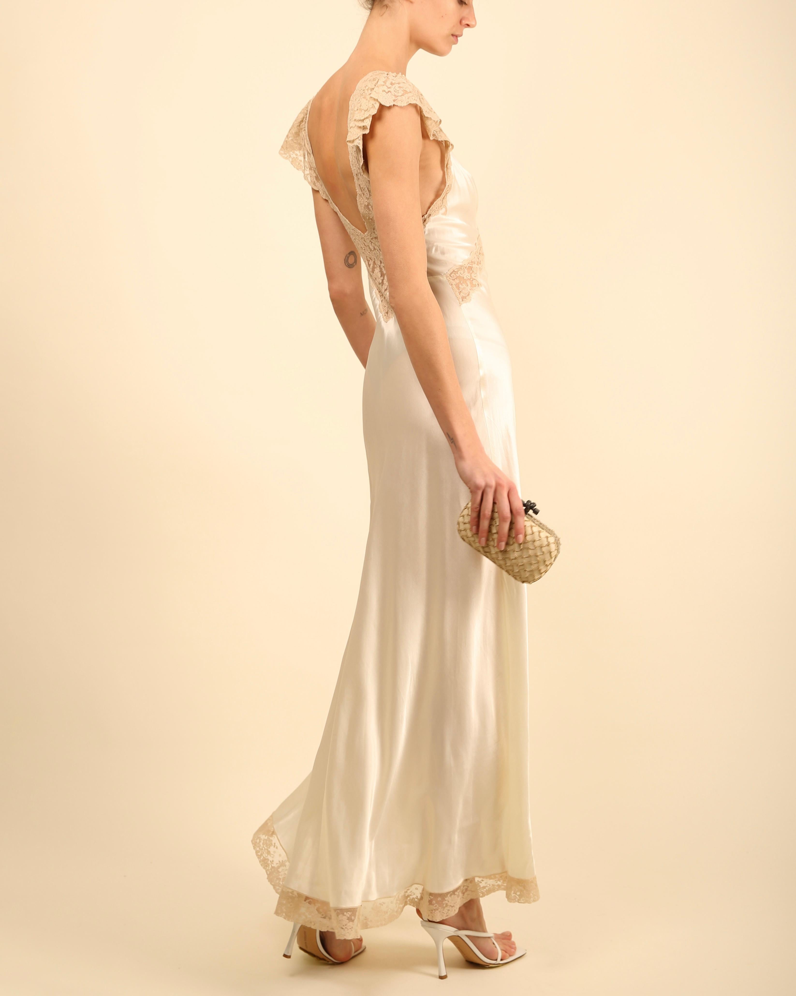 Vintage satin silk cream lace backless wedding slip maxi night gown dress For Sale 5