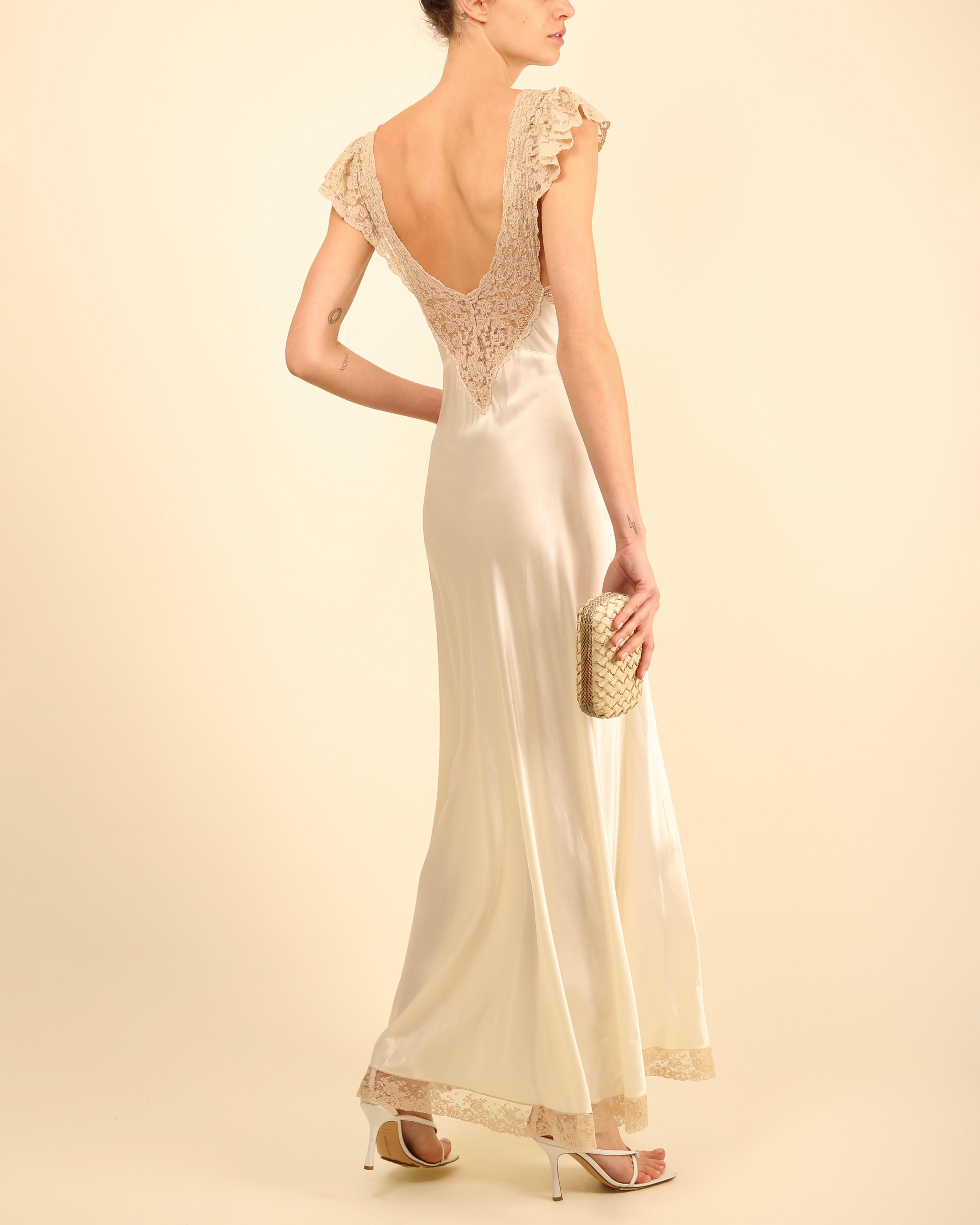 Vintage satin silk cream lace backless wedding slip maxi night gown dress For Sale 6