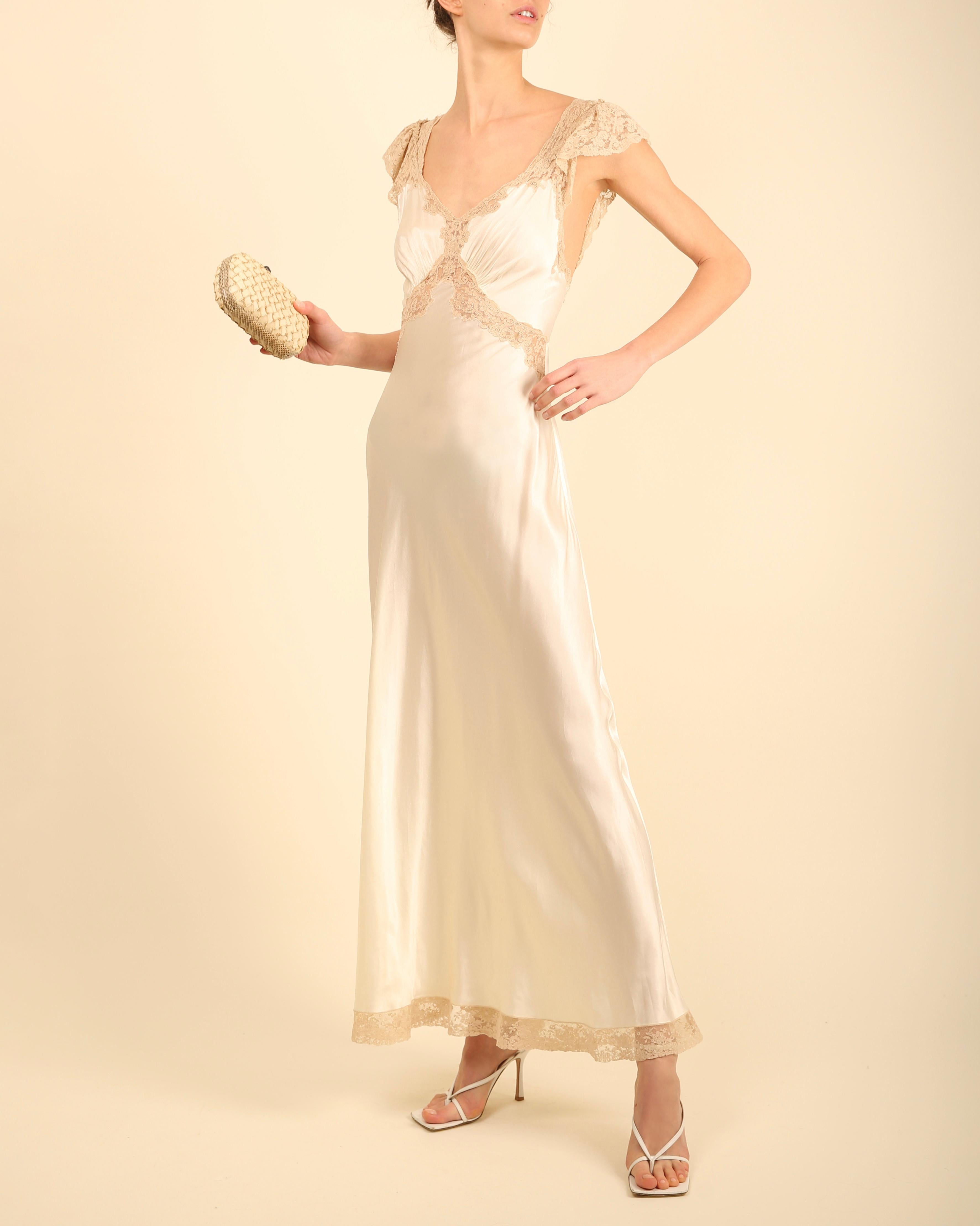Orange Vintage satin silk cream lace backless wedding slip maxi night gown dress For Sale