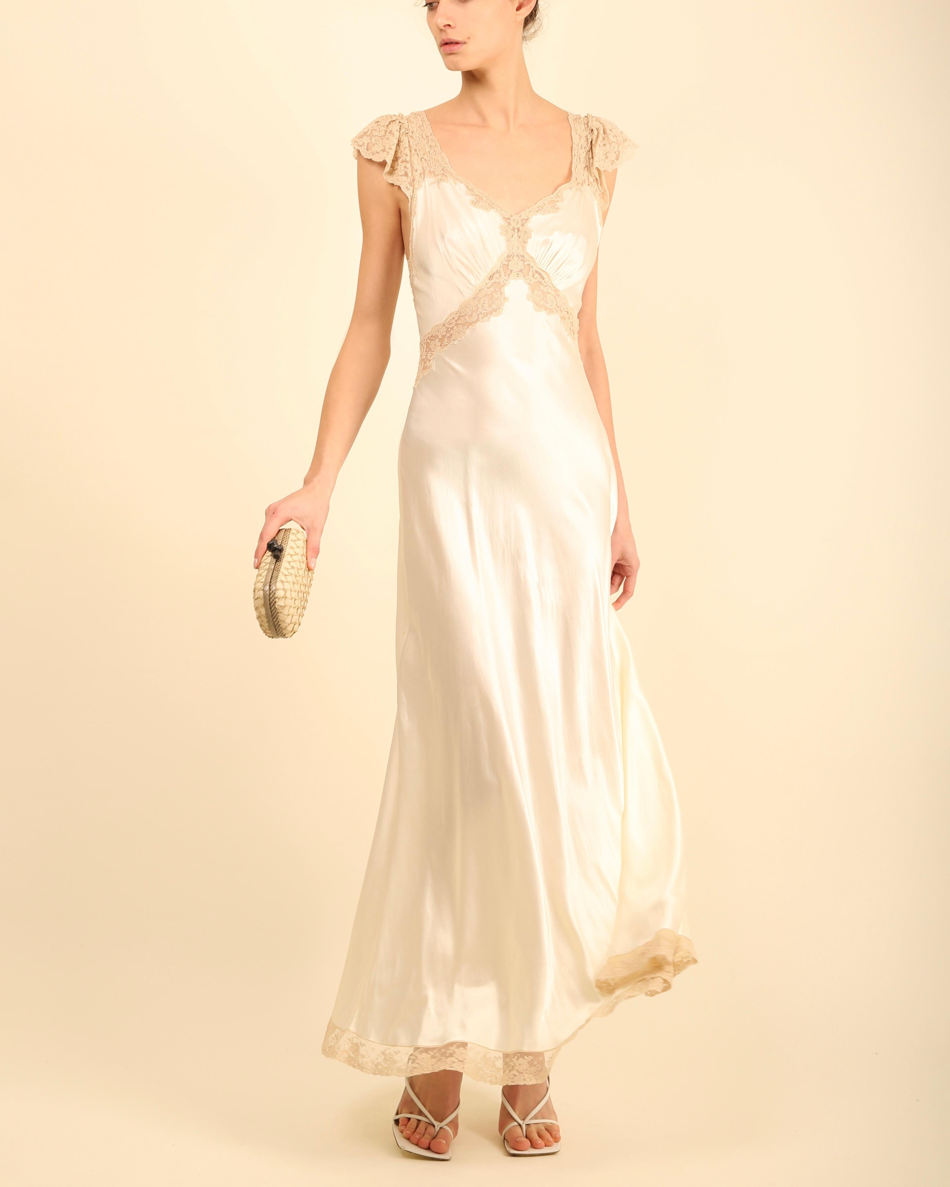 Vintage satin silk cream lace backless wedding slip maxi night gown dress For Sale 1