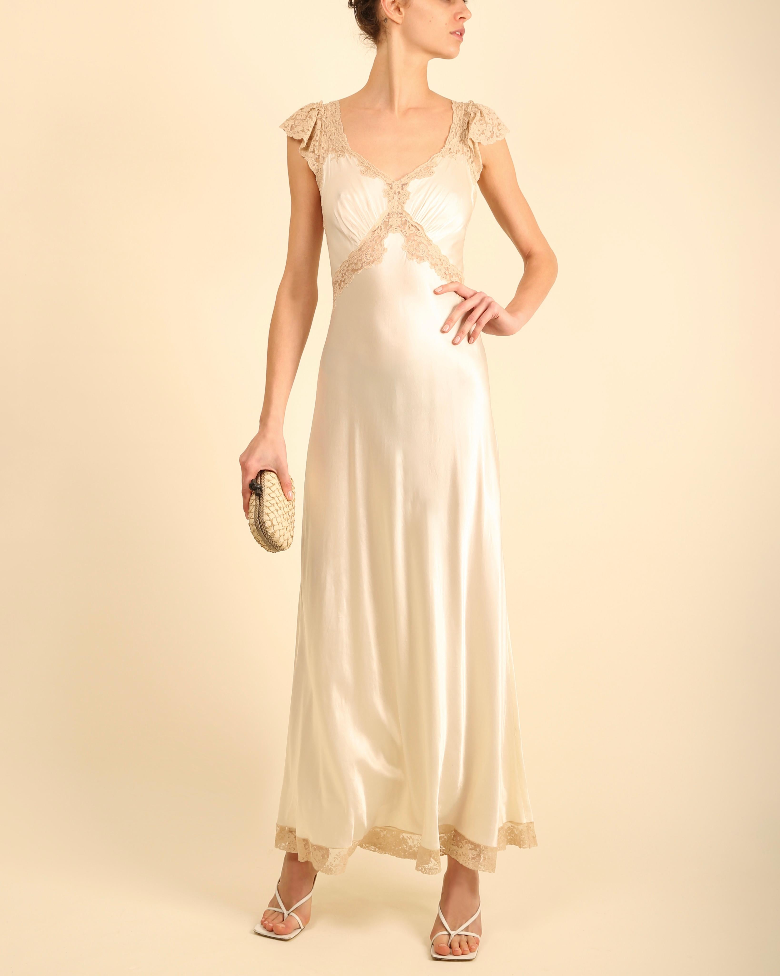 Vintage satin silk cream lace backless wedding slip maxi night gown dress For Sale 3