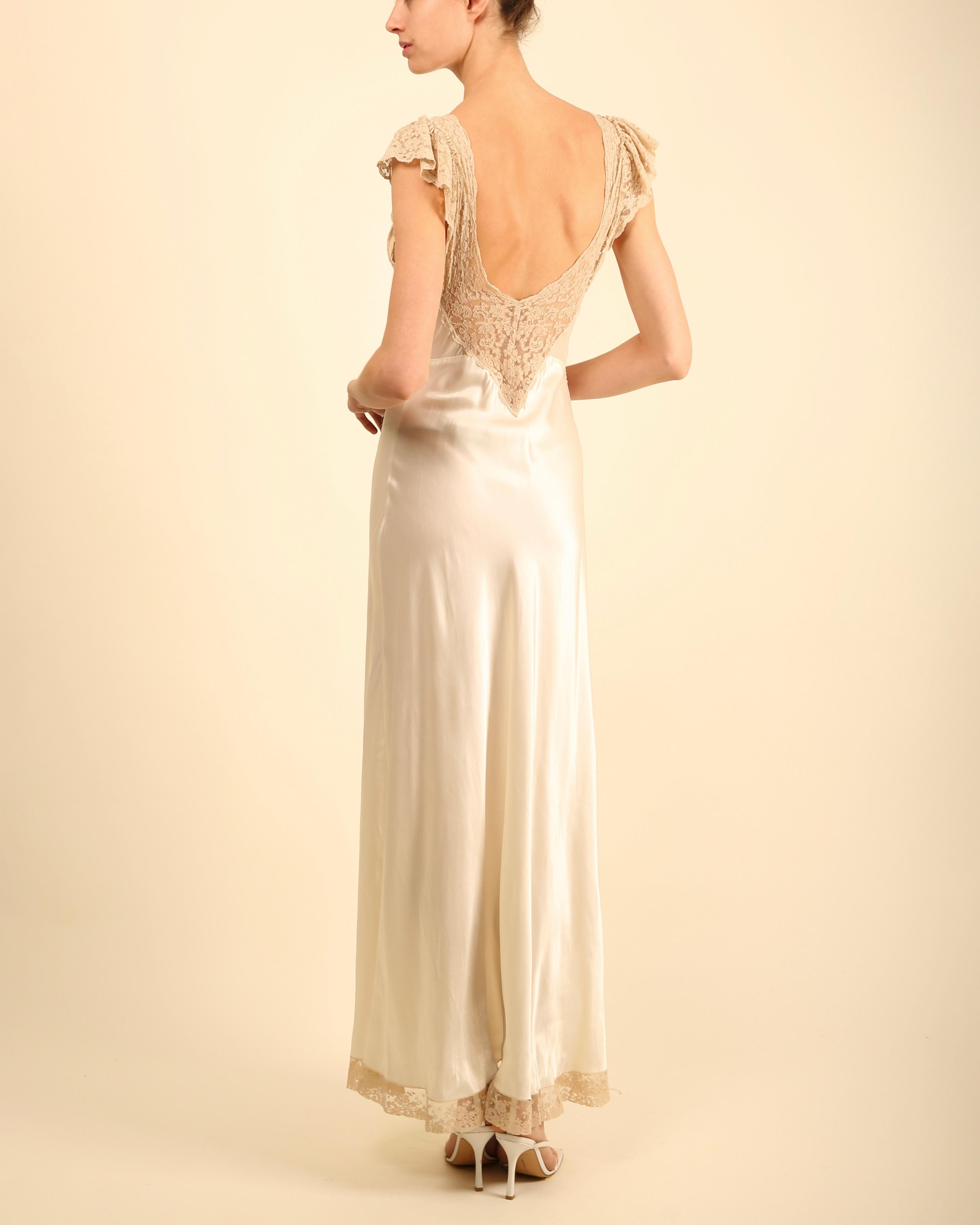 Vintage satin silk cream lace backless wedding slip maxi night gown dress For Sale 4