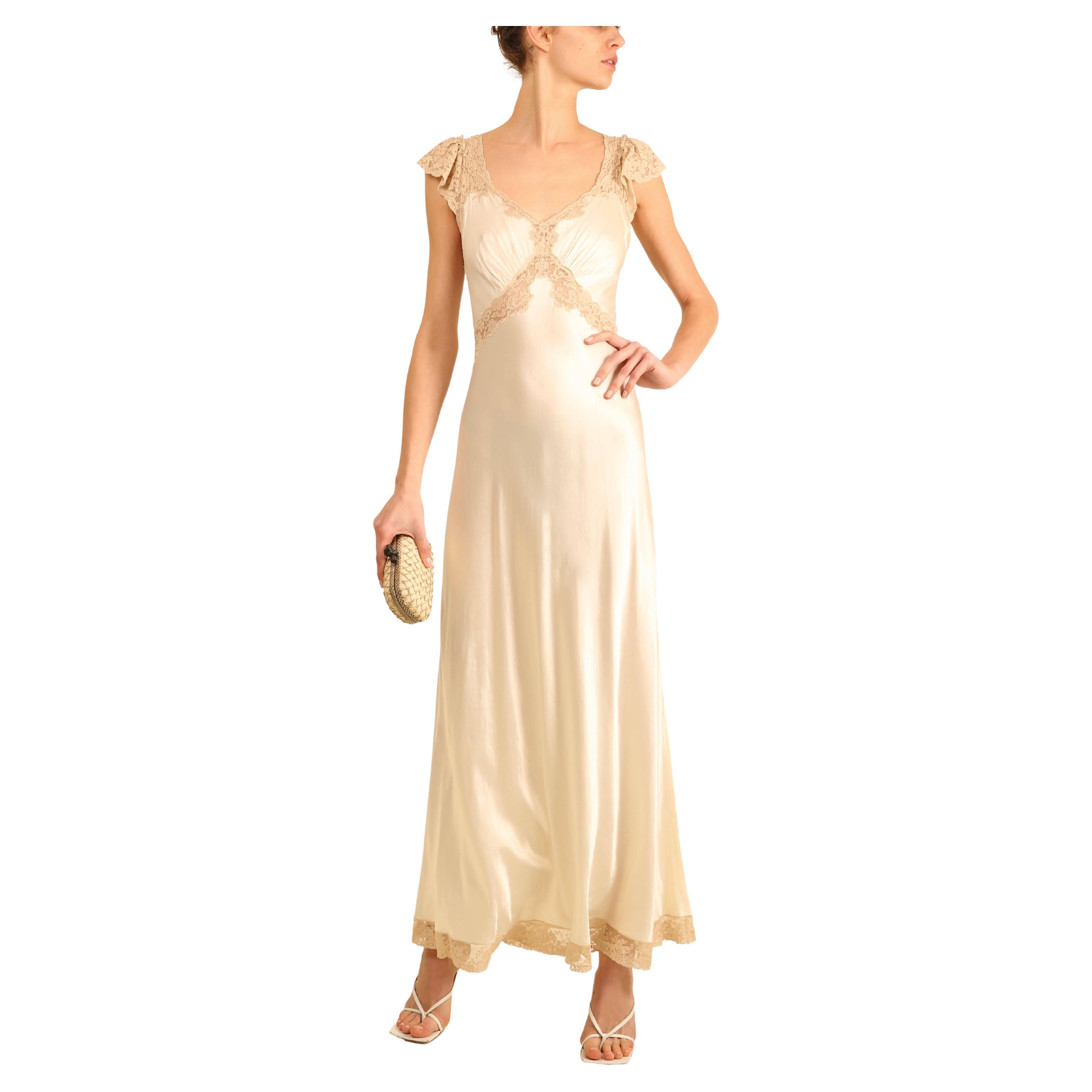 Vintage satin silk cream lace backless wedding slip maxi night gown dress For Sale