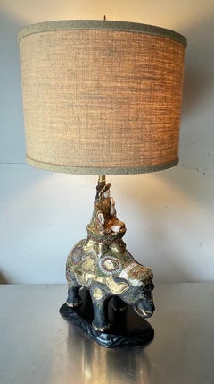 Vintage Satsuma Porcelain Elephant & Bodhisattva Table Lamp, Mid 20th Century