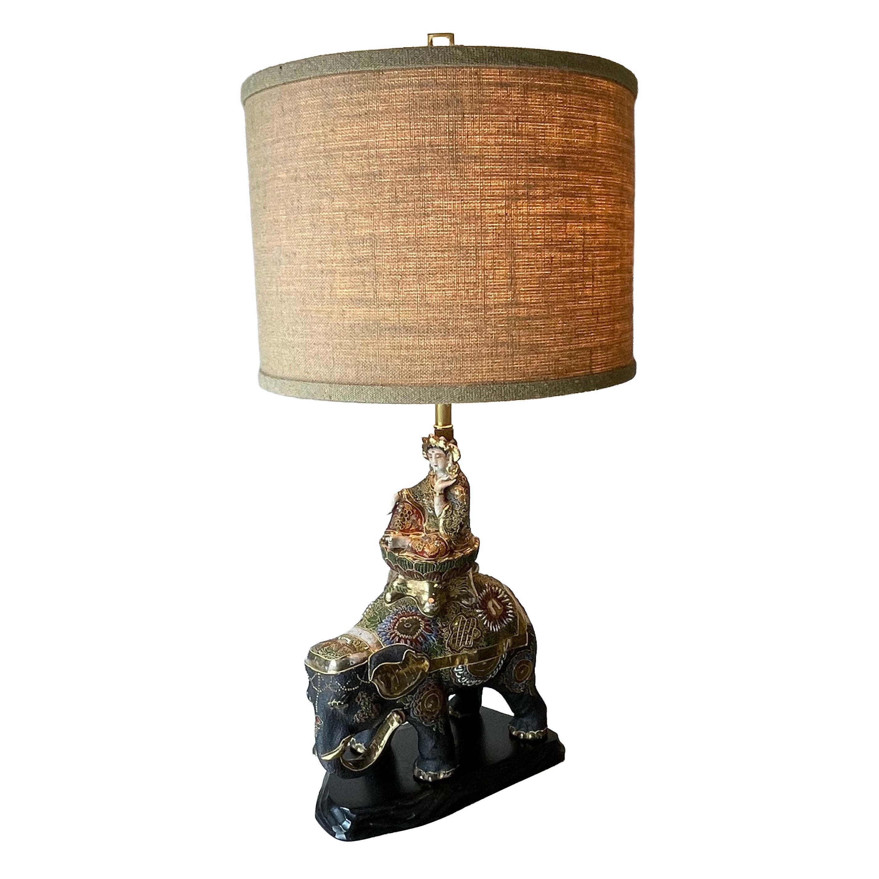 Vintage Satsuma Porcelain Elephant & Bodhisattva Table Lamp, Mid 20th Century