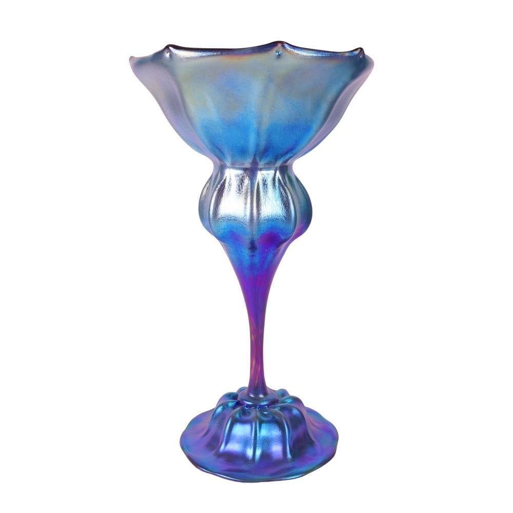 Vintage Saul Alcaraz Favrile Art Glass Vase Blue Floriform Corset Design 1999 For Sale