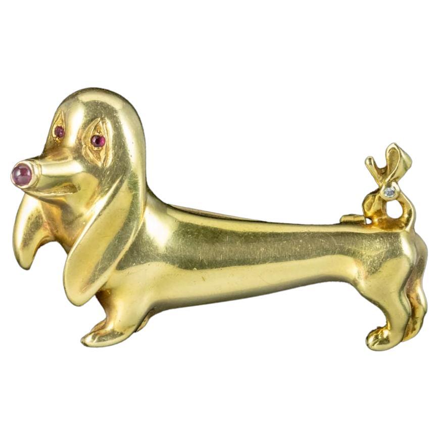 Vintage Sausage Dog Brooch in 18 Carat Gold Ruby and Diamond, circa 1970 For Sale