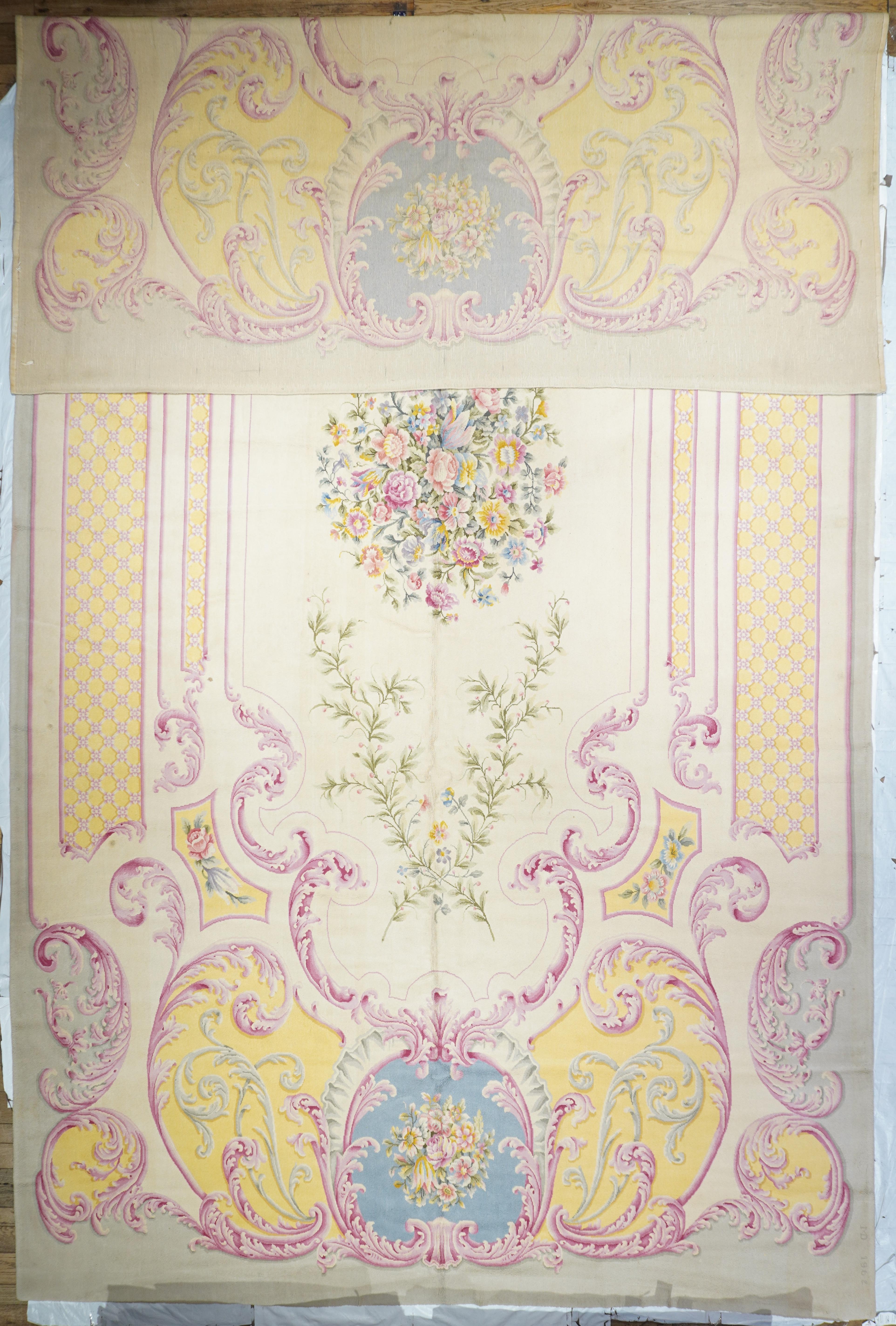 Vintage Savannerie Rug 11’1” x 21’4”. Precisely the thick pile, coarse knotted carpets of the French Royal Factory; generally applied now to French, Spanish or Austrian carpets in the Savonnerie manner. Mostly room size. Antique examples are