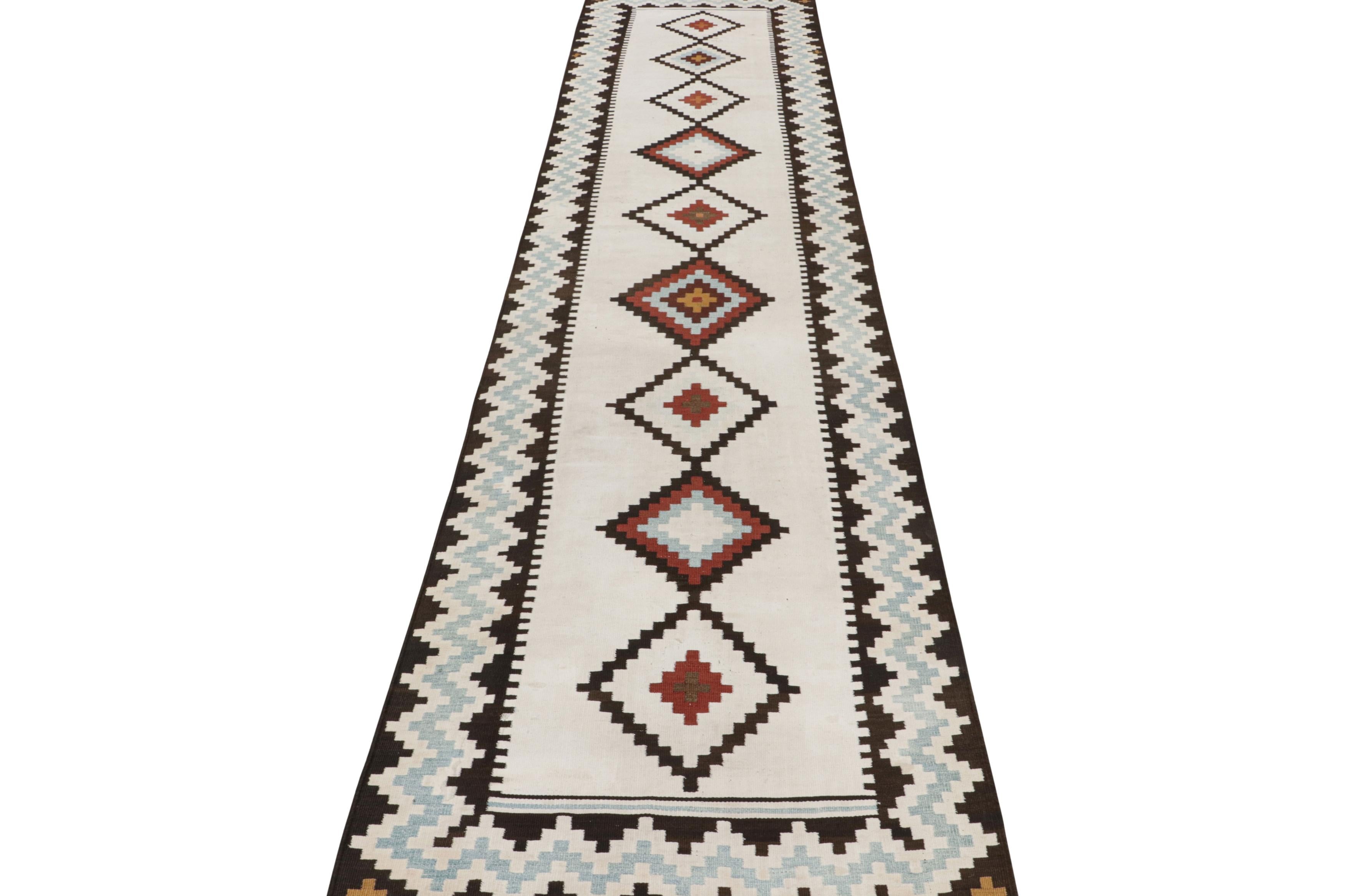 Mid-20th Century Vintage Saveh White Blue and Black Persian Wool Kilim Runner by Rug & Kilim For Sale