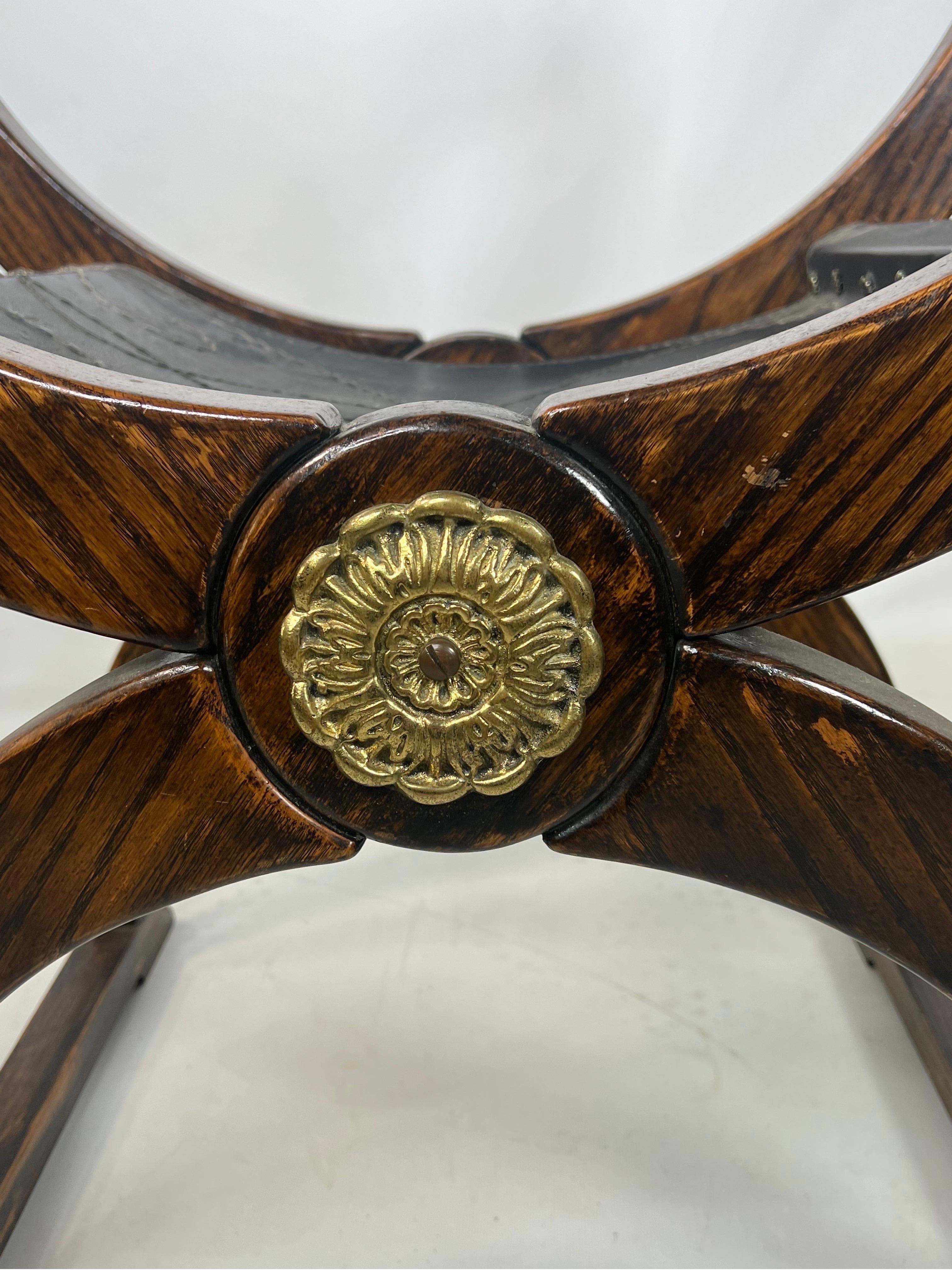 Renaissance Vintage Savonarola Style Folding Oak Bench With Arms