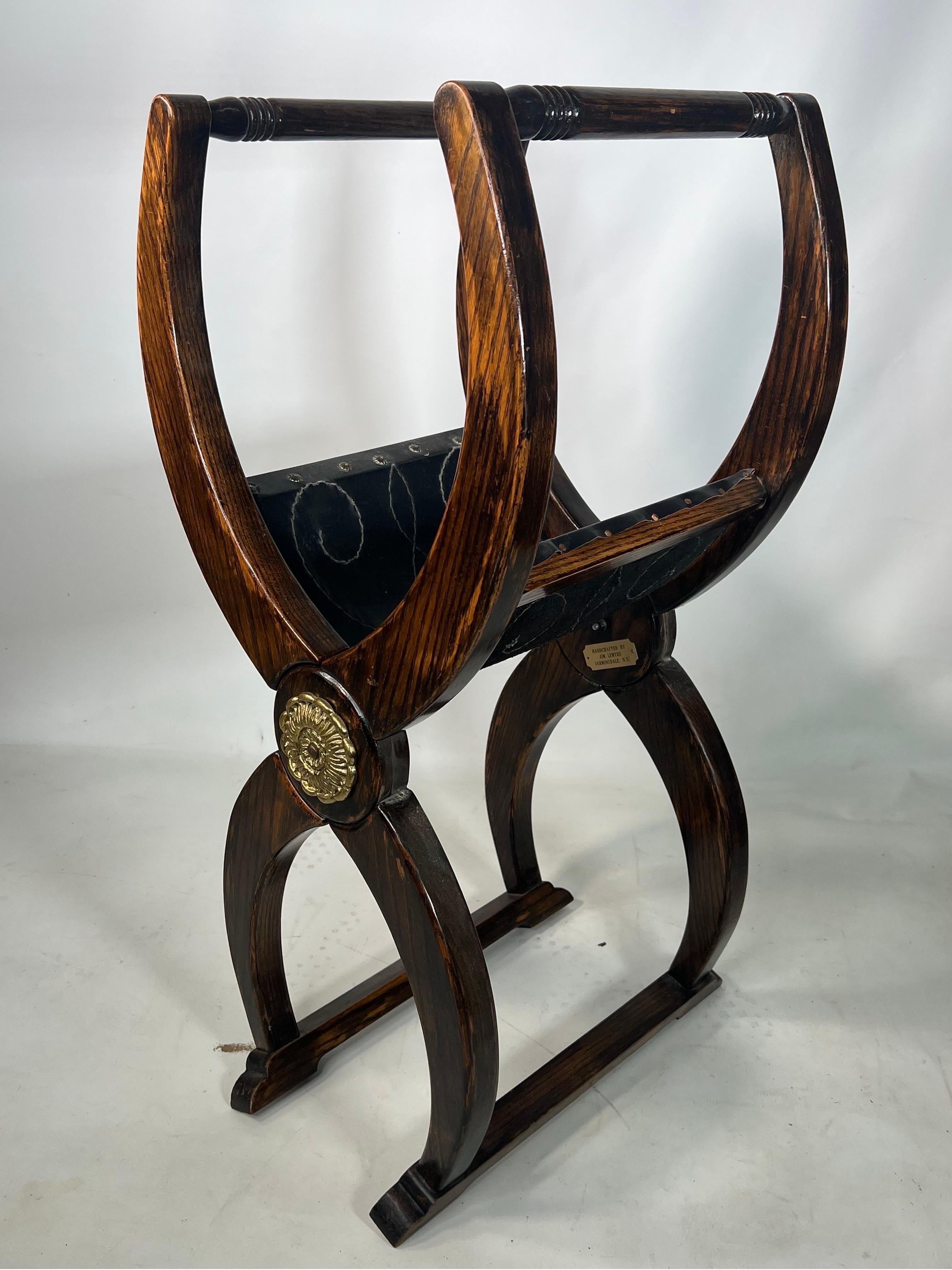 Vintage Savonarola Style Folding Oak Bench With Arms For Sale 2