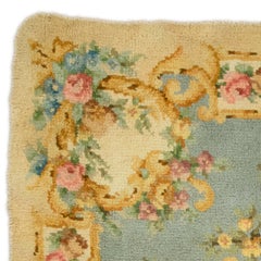1950s Vintage Savonnerie French Yellow & Blue Floral Rug, Handwoven Wool