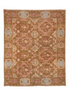 Vintage Savonnerie Rug French Cartouche Floral Pattern in Rose and Sky Blue