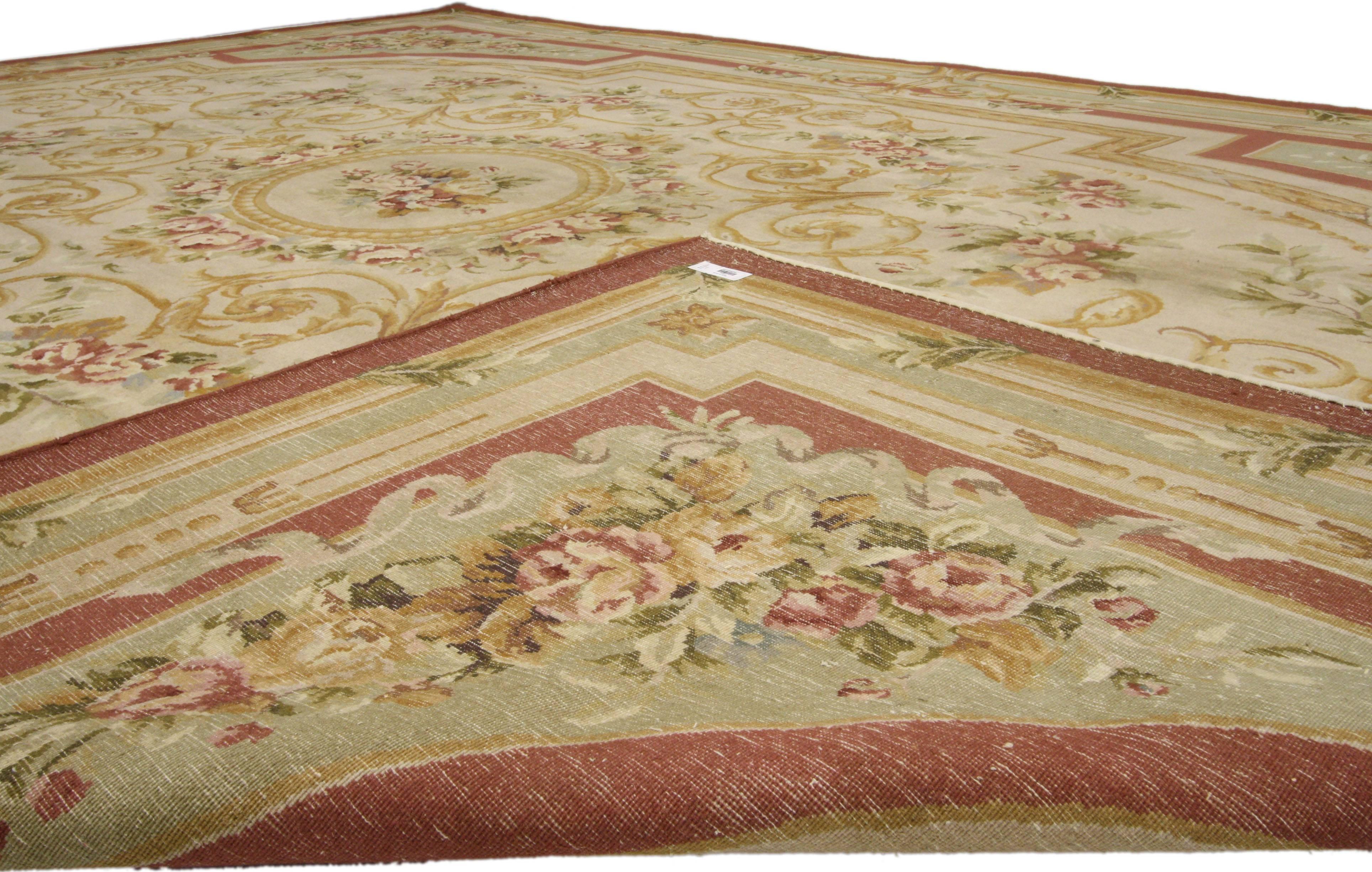 Chinese Vintage Savonnerie Style Area Rug, Aubusson Design Rug