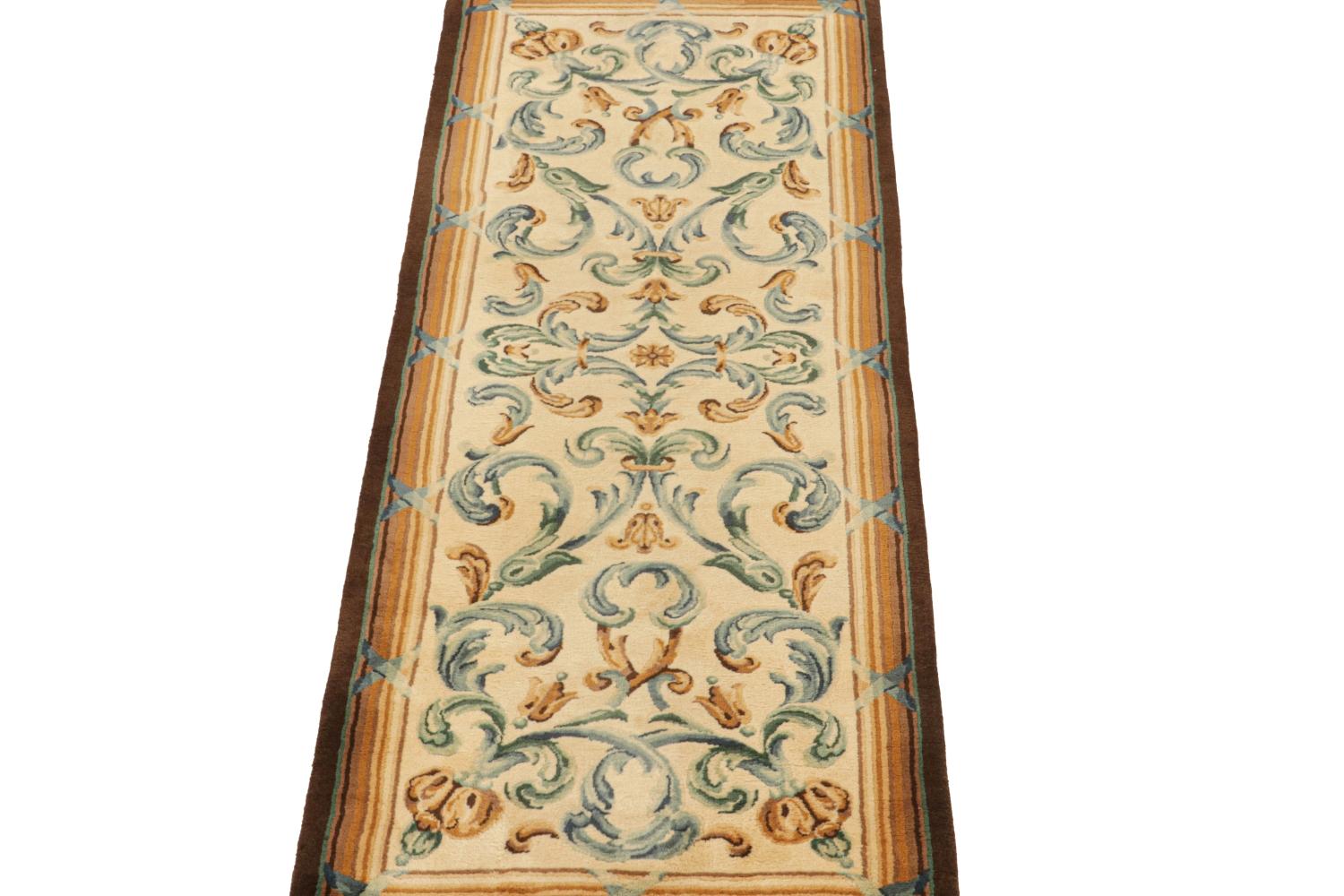 Hand-Knotted Vintage Savonnerie Style Runner in Beige with Blue Patterns For Sale