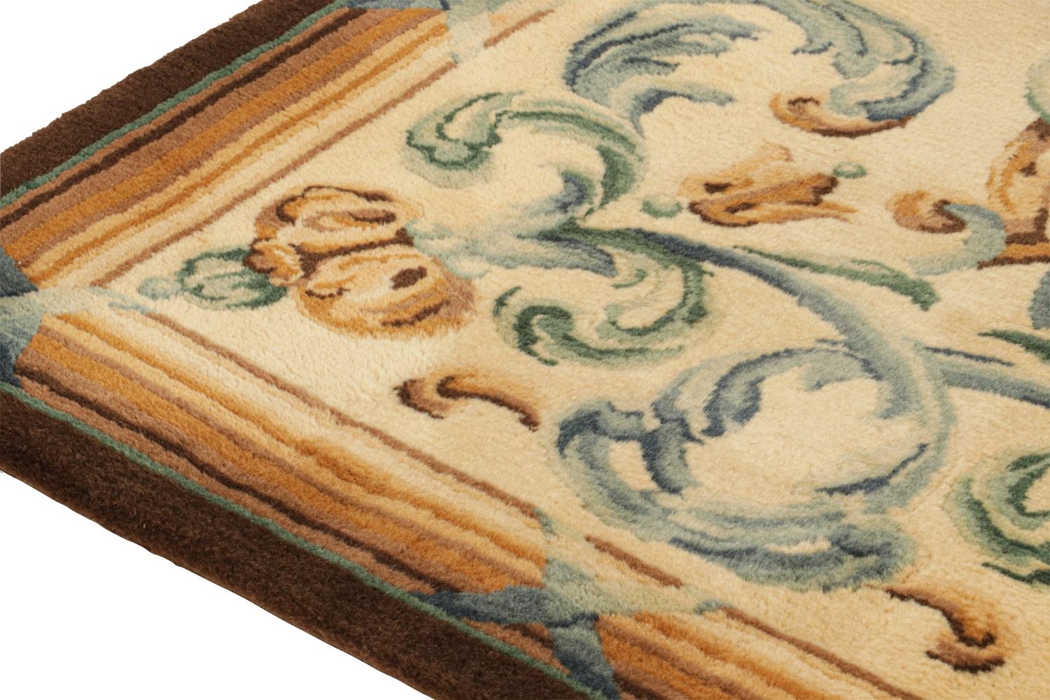 Mid-20th Century Vintage Savonnerie Style Runner in Beige with Blue Patterns For Sale