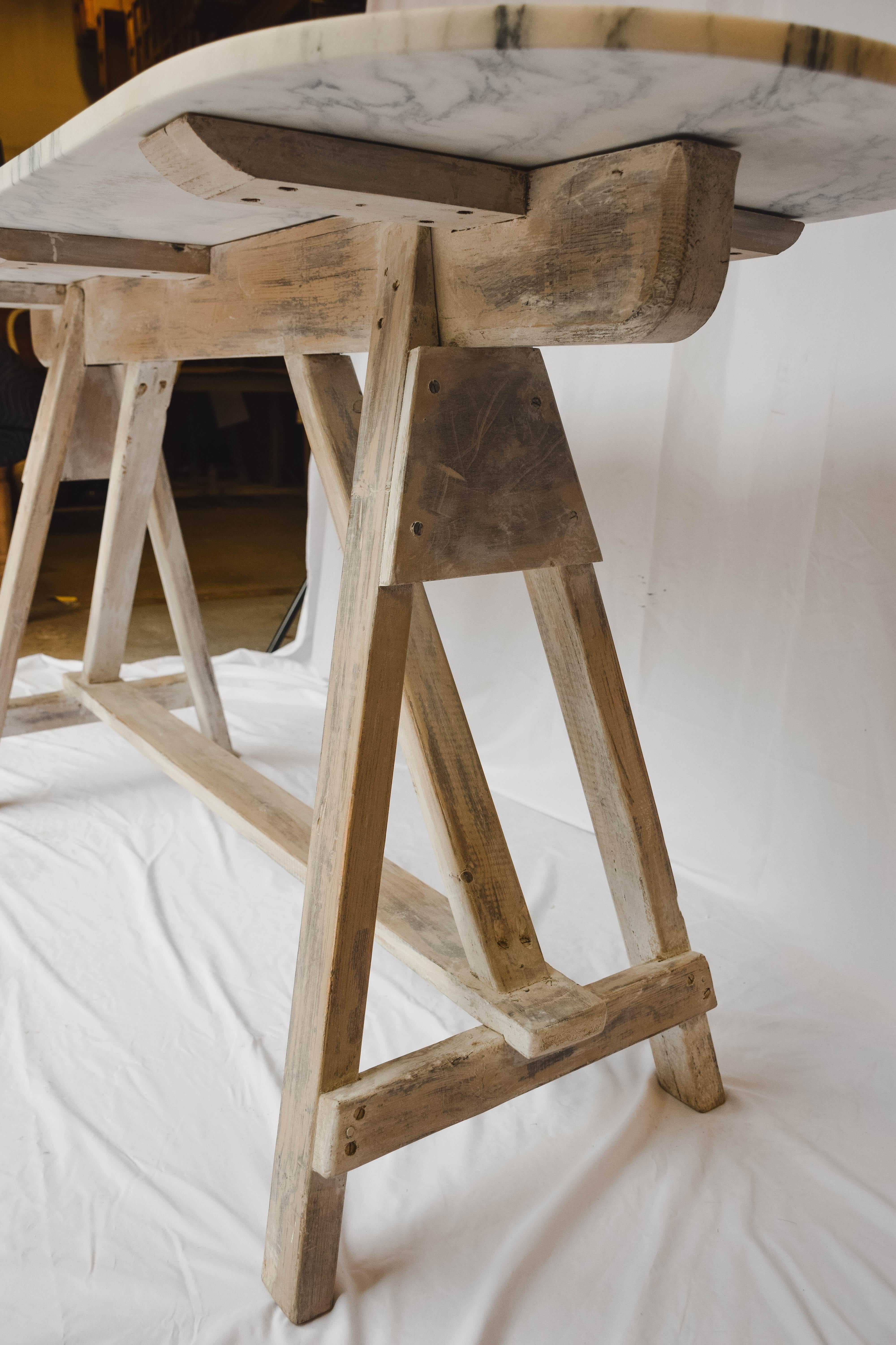 Vintage Sawhorse Table with Vermont Marble Top 4