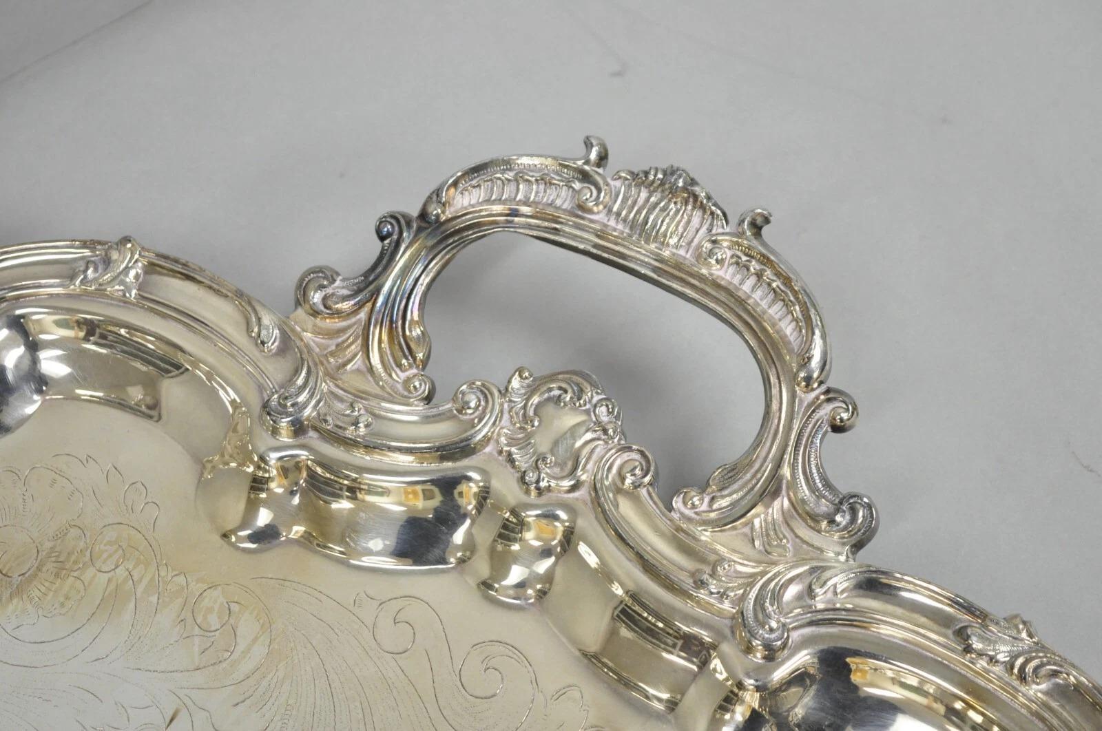 Grand plateau de service vintage SBEP de style baroque victorien en métal argenté en vente 4