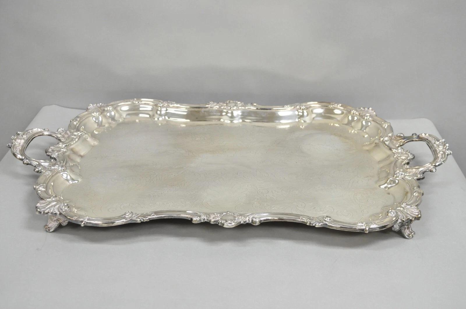 Grand plateau de service vintage SBEP de style baroque victorien en métal argenté en vente 5