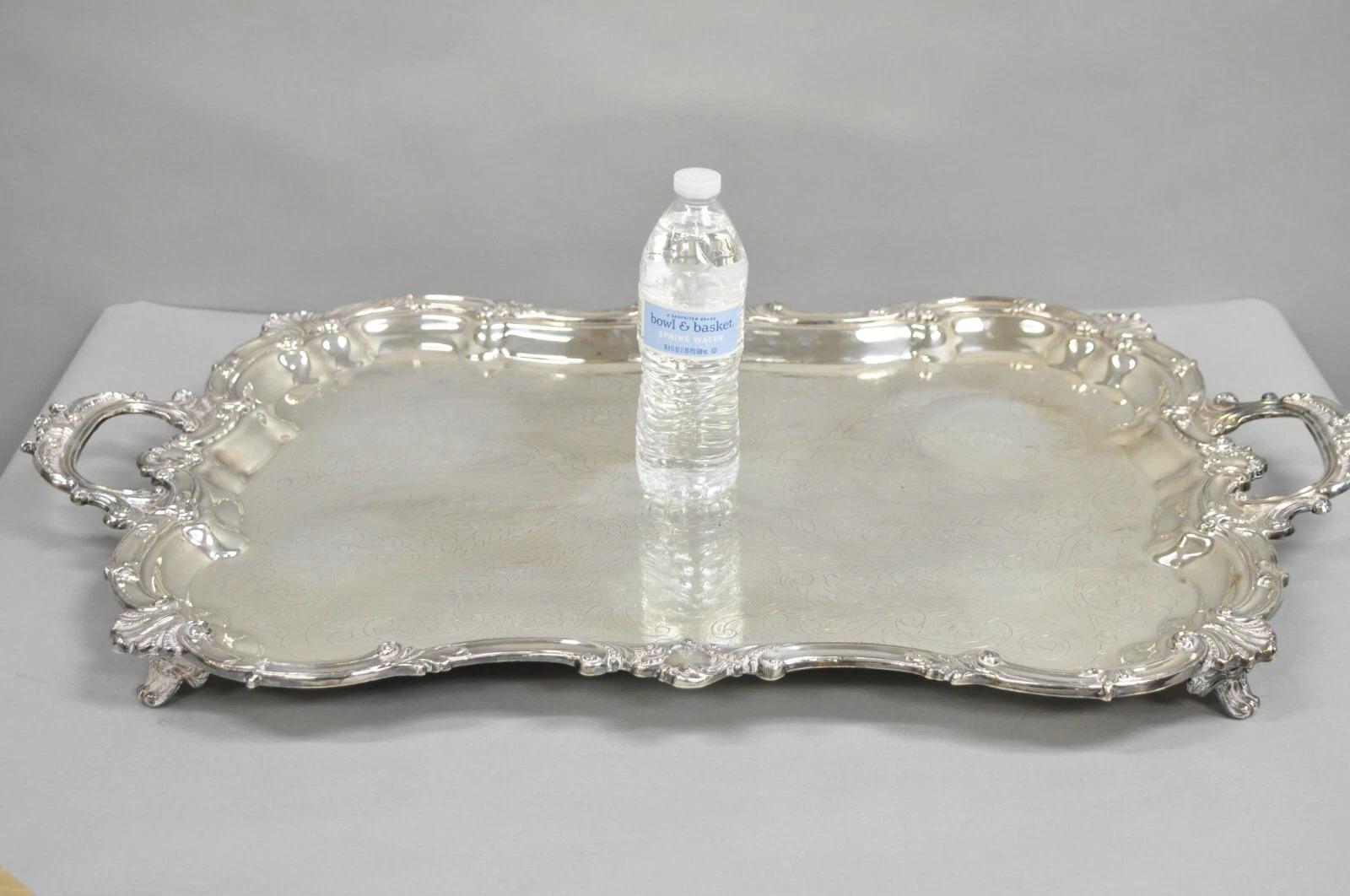 Vintage SBEP Victorian Baroque Style Large Silver Plated Serving Platter Tray Raised on Ornate Feet. Circa Mid 20th Century. Dimensions : 2,5