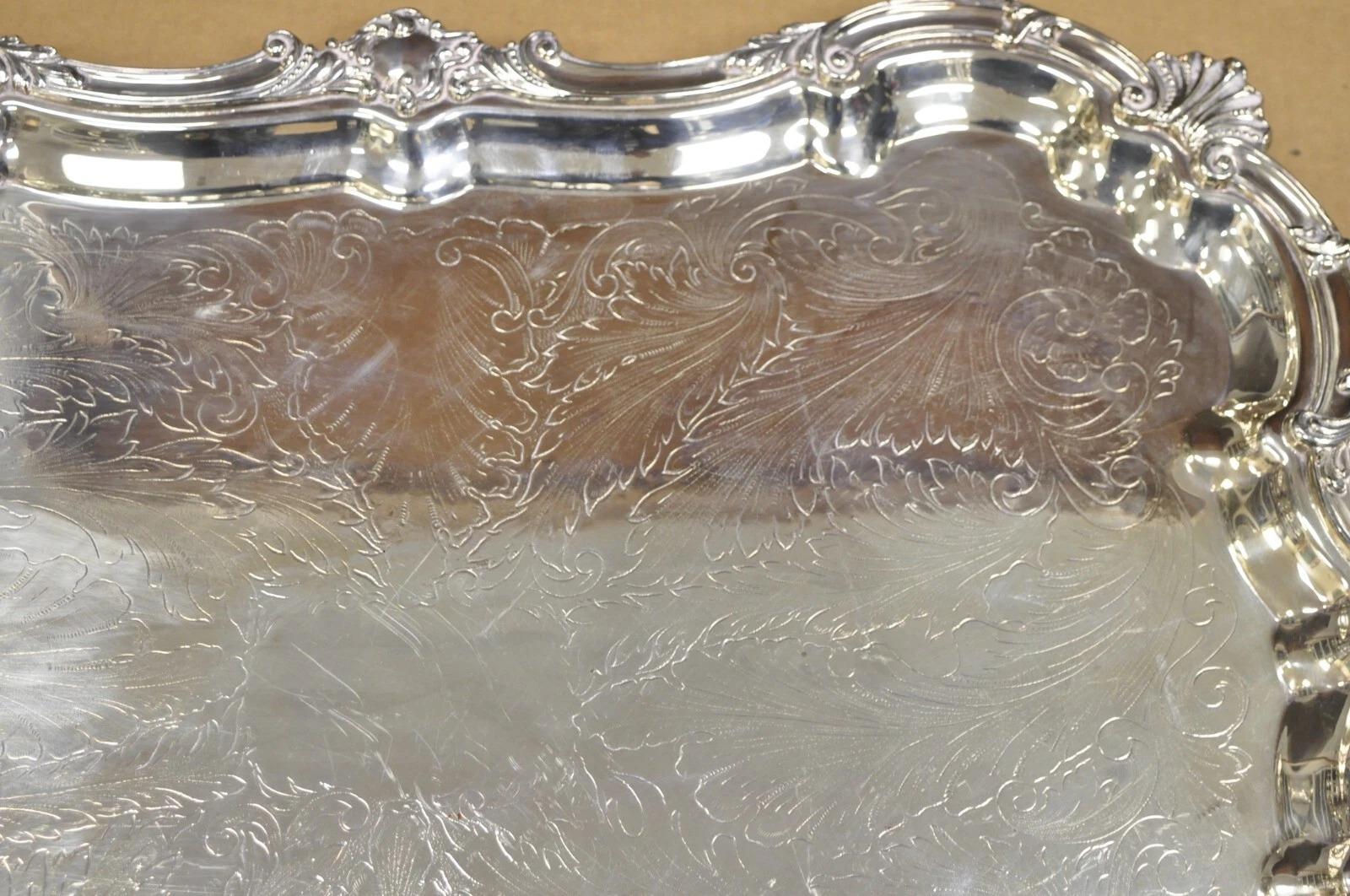 Victorien Grand plateau de service vintage SBEP de style baroque victorien en métal argenté en vente