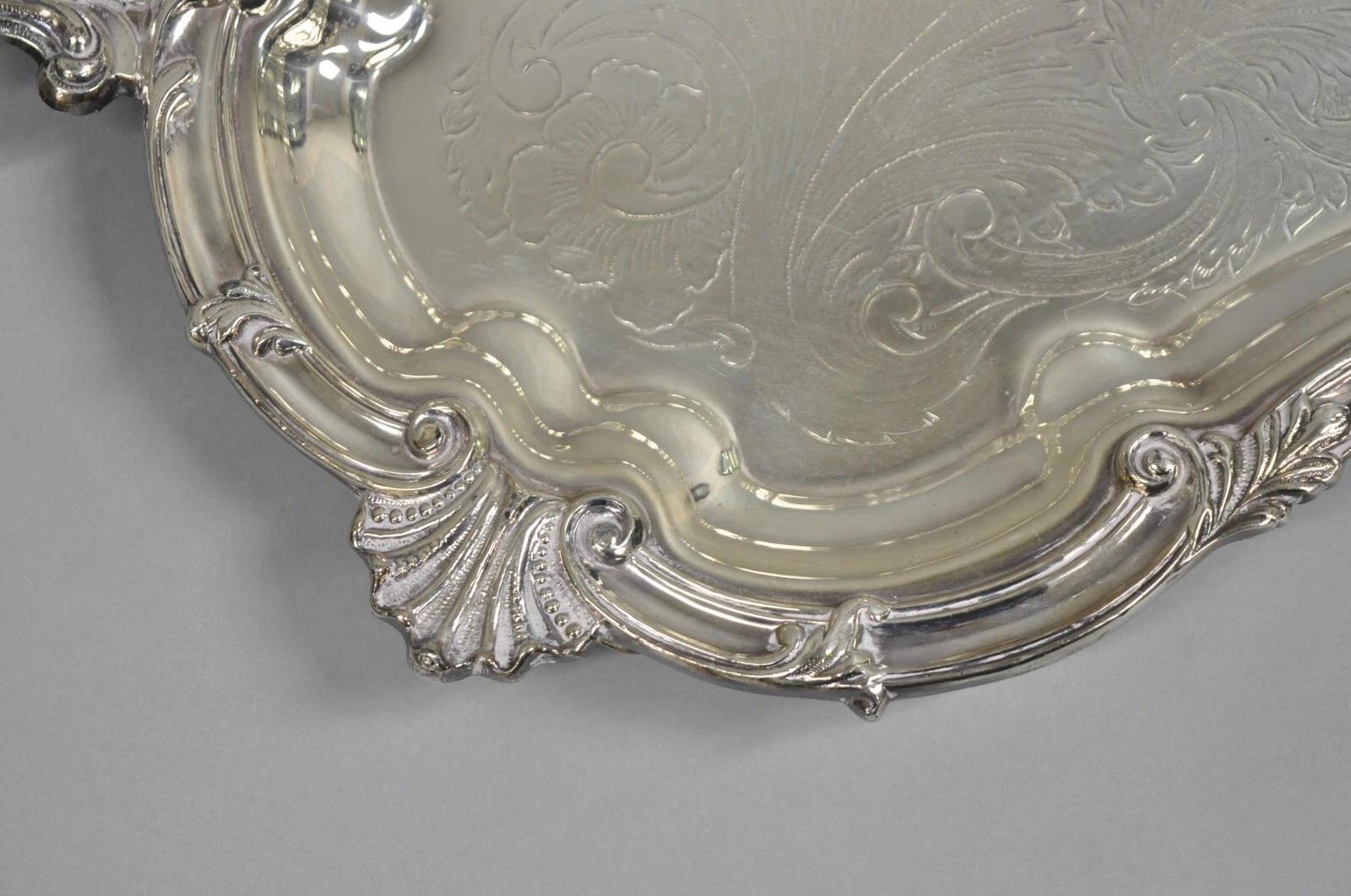 Grand plateau de service vintage SBEP de style baroque victorien en métal argenté en vente 1