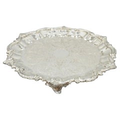 Vintage SBEP Victorian Silver Plated Round Scalloped Salver Bar Tray Platter