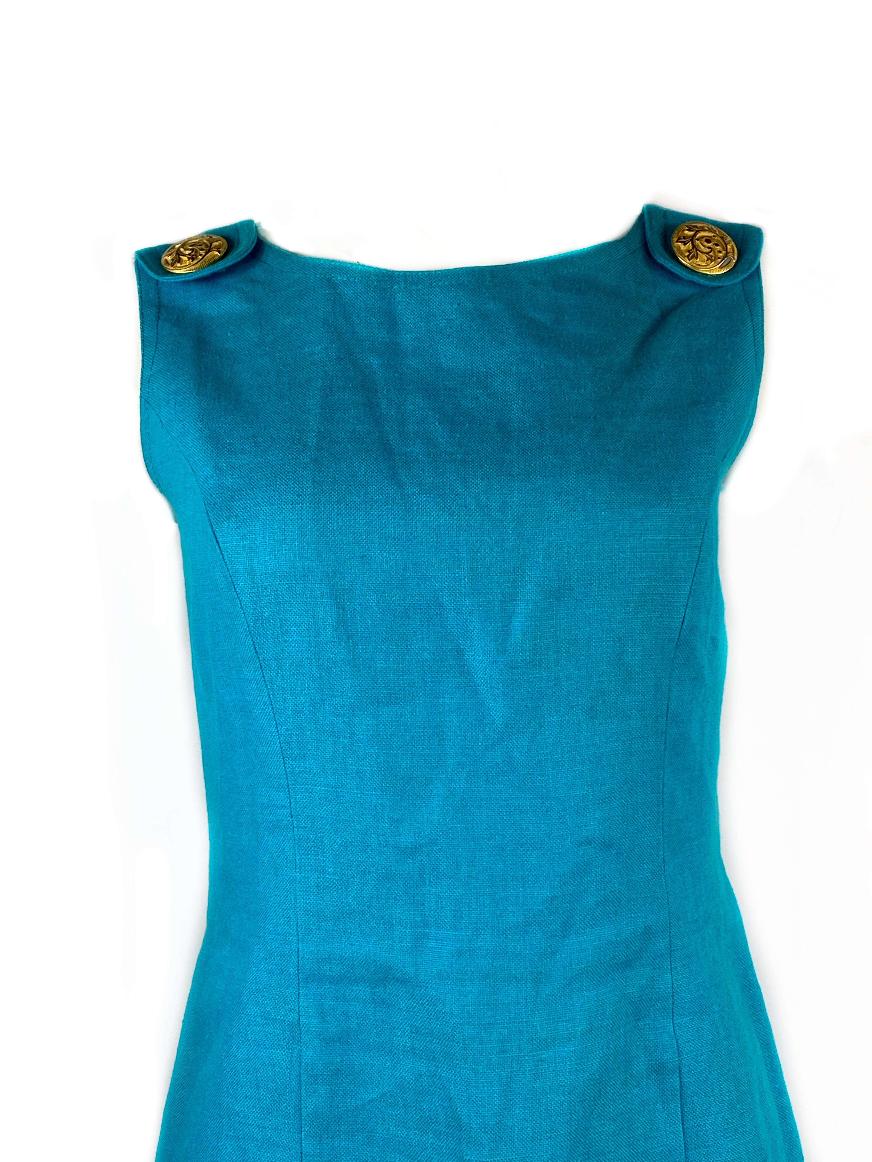 Vintage SCAASI Blue Turquoise Linen Sleeveless Mini Dress w/ Gold Buttons Size 4 2