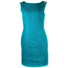 Vintage SCAASI Blue Turquoise Linen Sleeveless Mini Dress w/ Gold Buttons Size 4