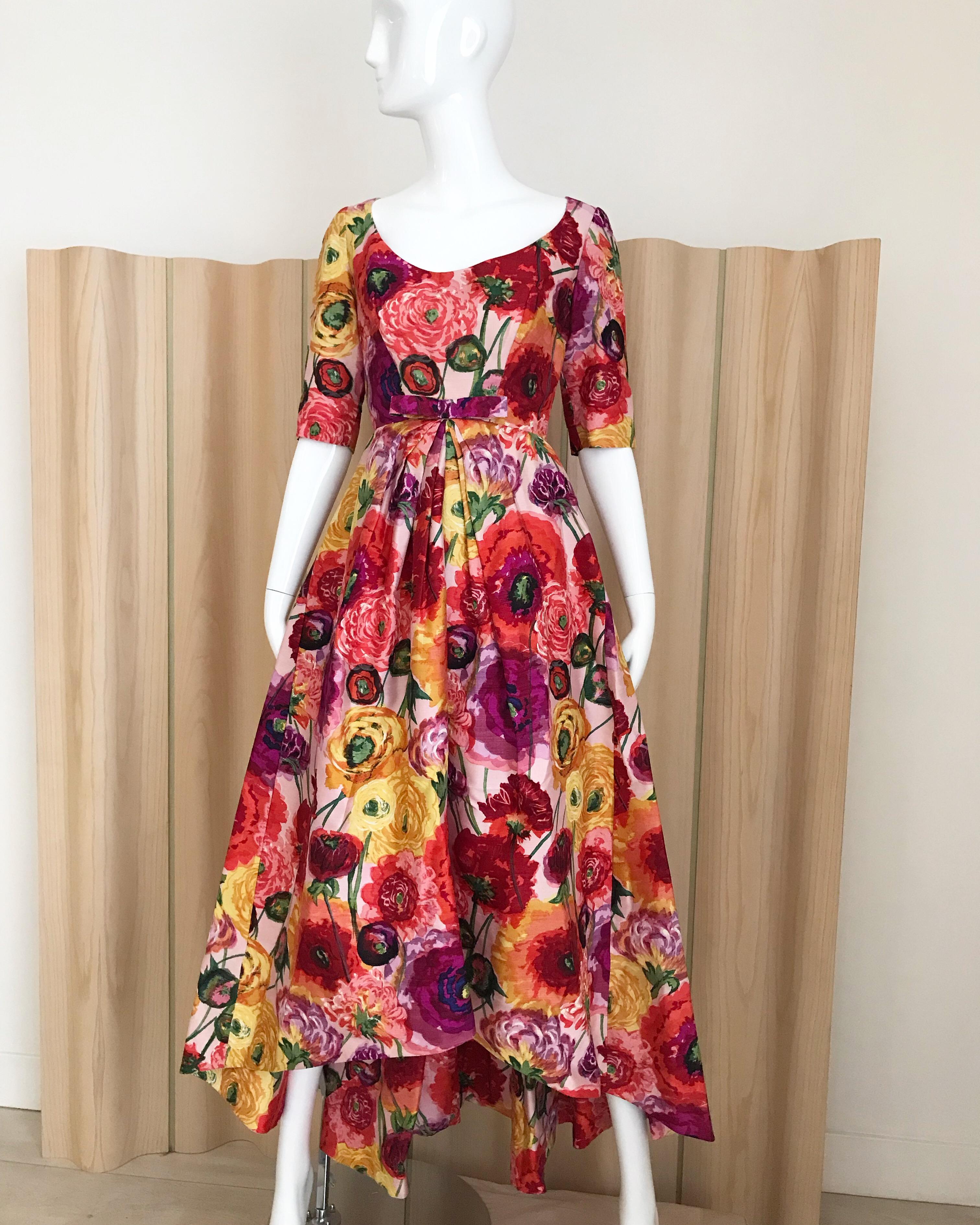 Pink Vintage Scaasi  Multi Color Floral Silk Gown For Sale