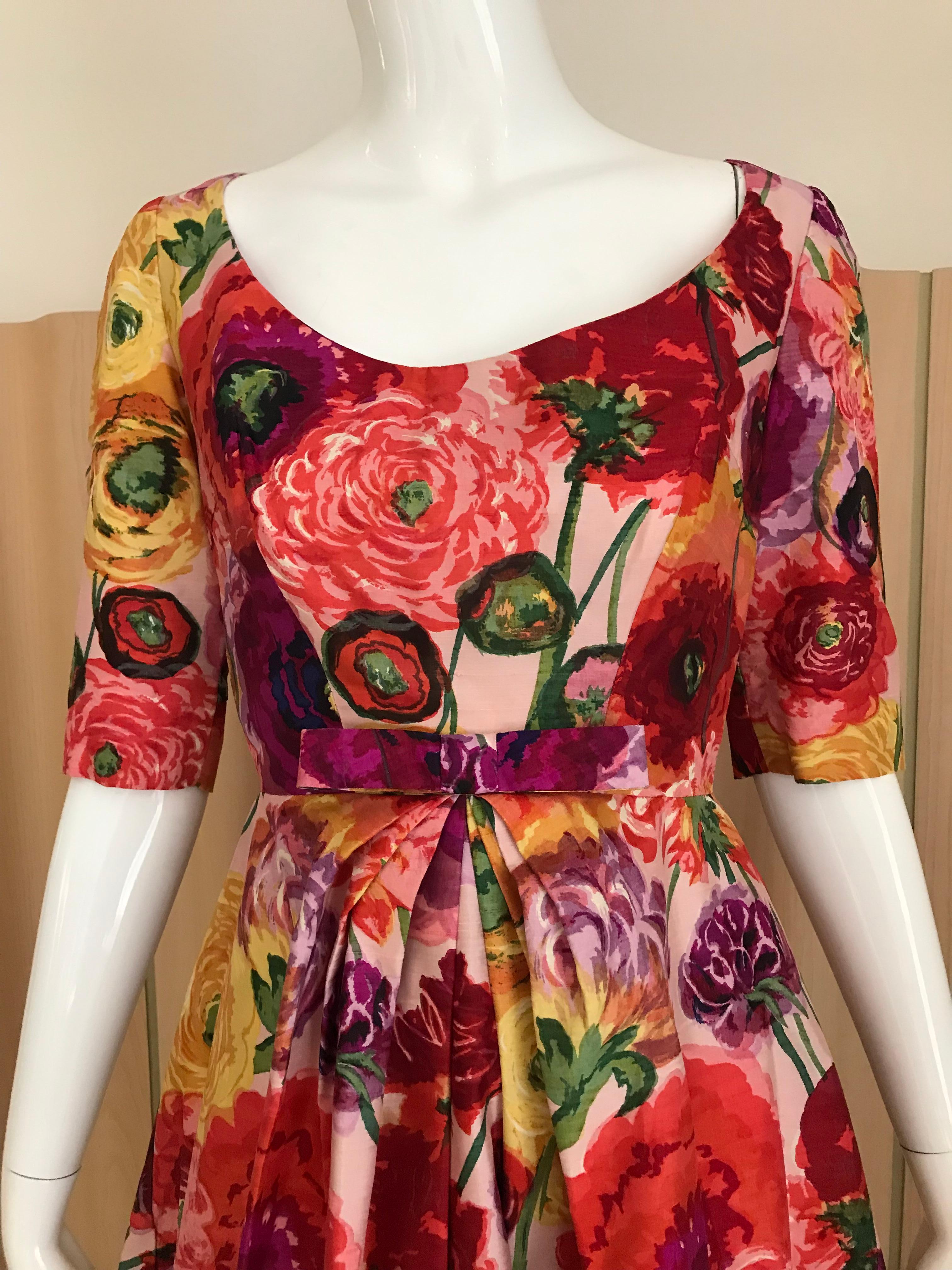Vintage Scaasi  Multi Color Floral Silk Gown In Good Condition For Sale In Beverly Hills, CA