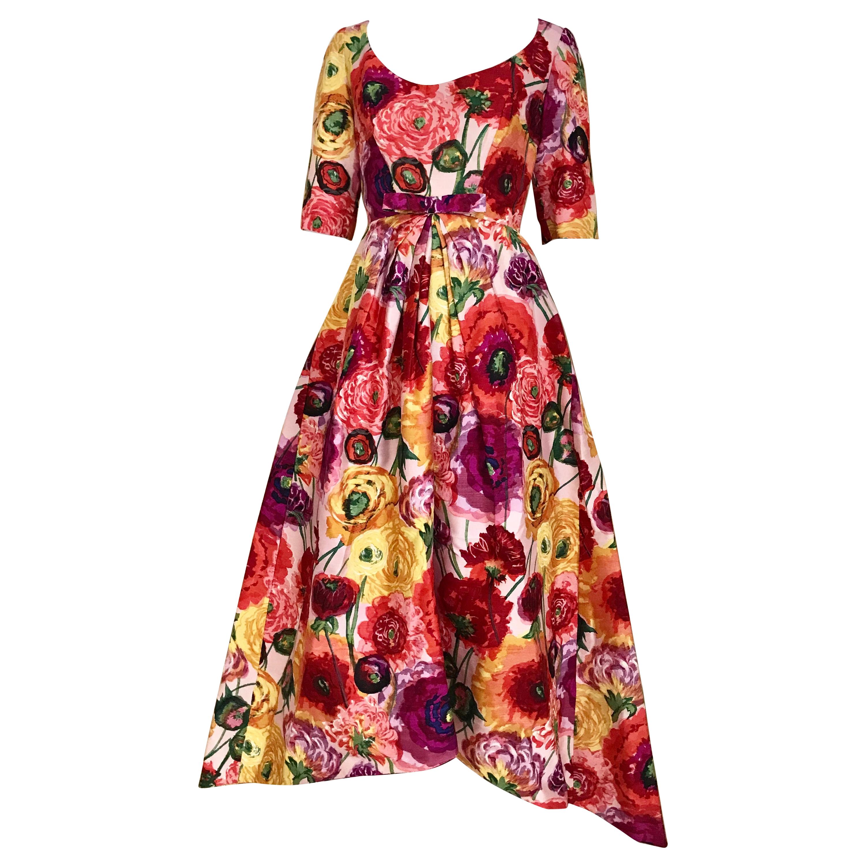 Vintage Scaasi  Multi Color Floral Silk Gown