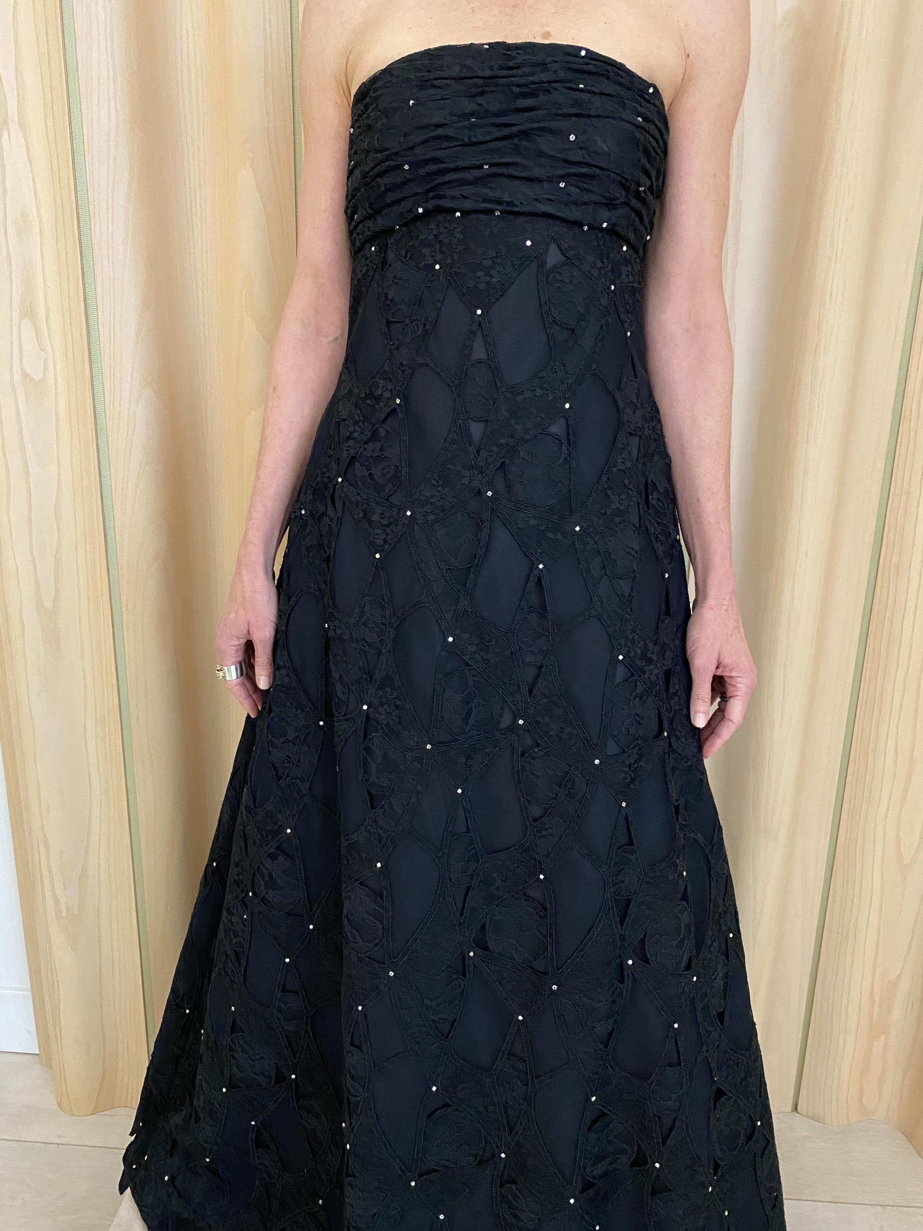 Vintage SCAASI Strapless Black Lace Gown with Rhinestones For Sale 4