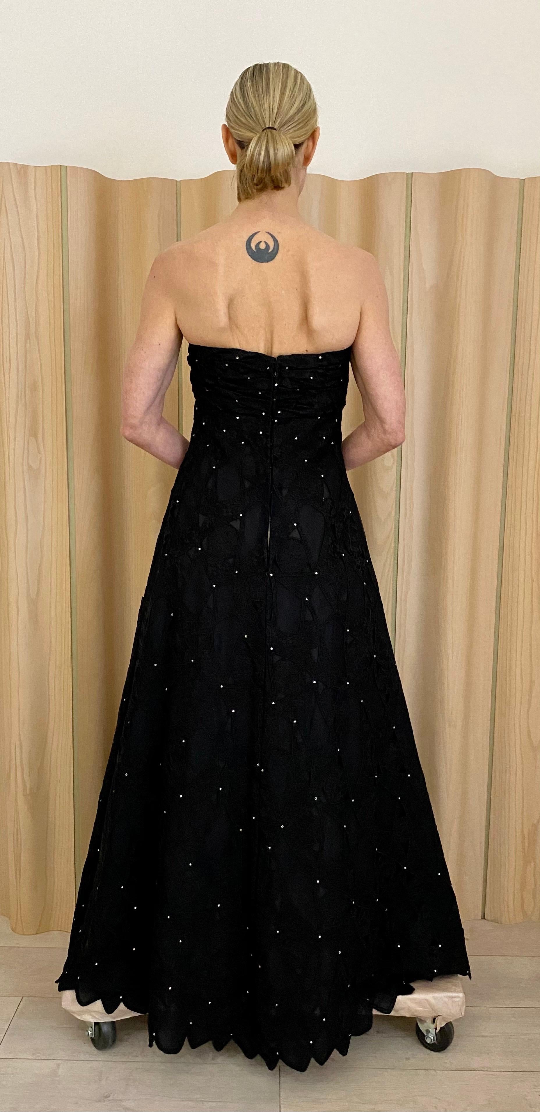 Vintage SCAASI Strapless Black Lace Gown with Rhinestones For Sale 1