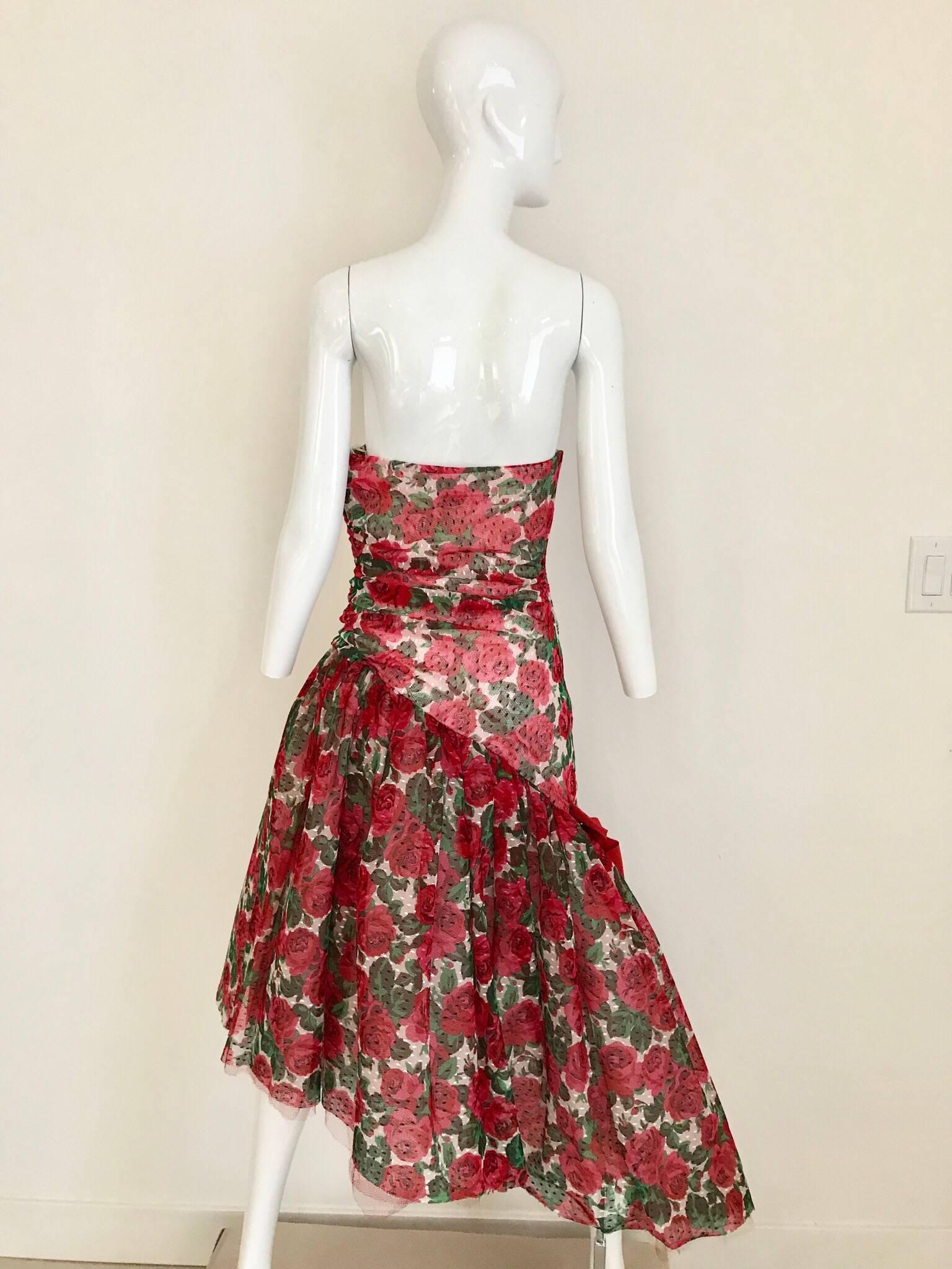 red floral strapless dress